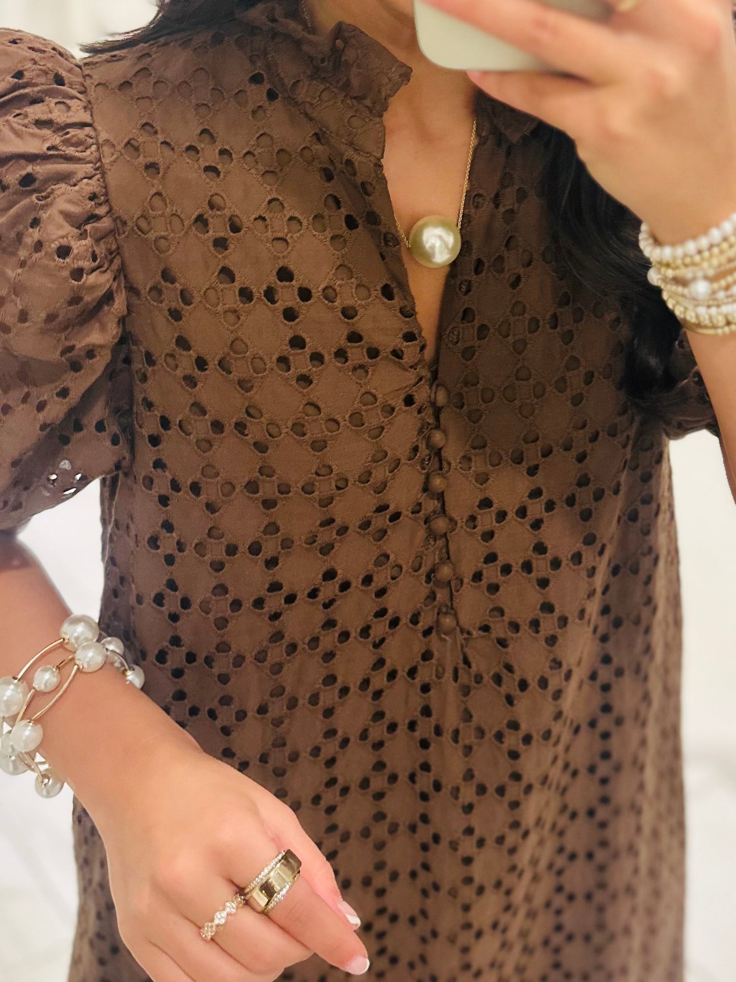 The Liz Brown Eyelet Midi Dress
