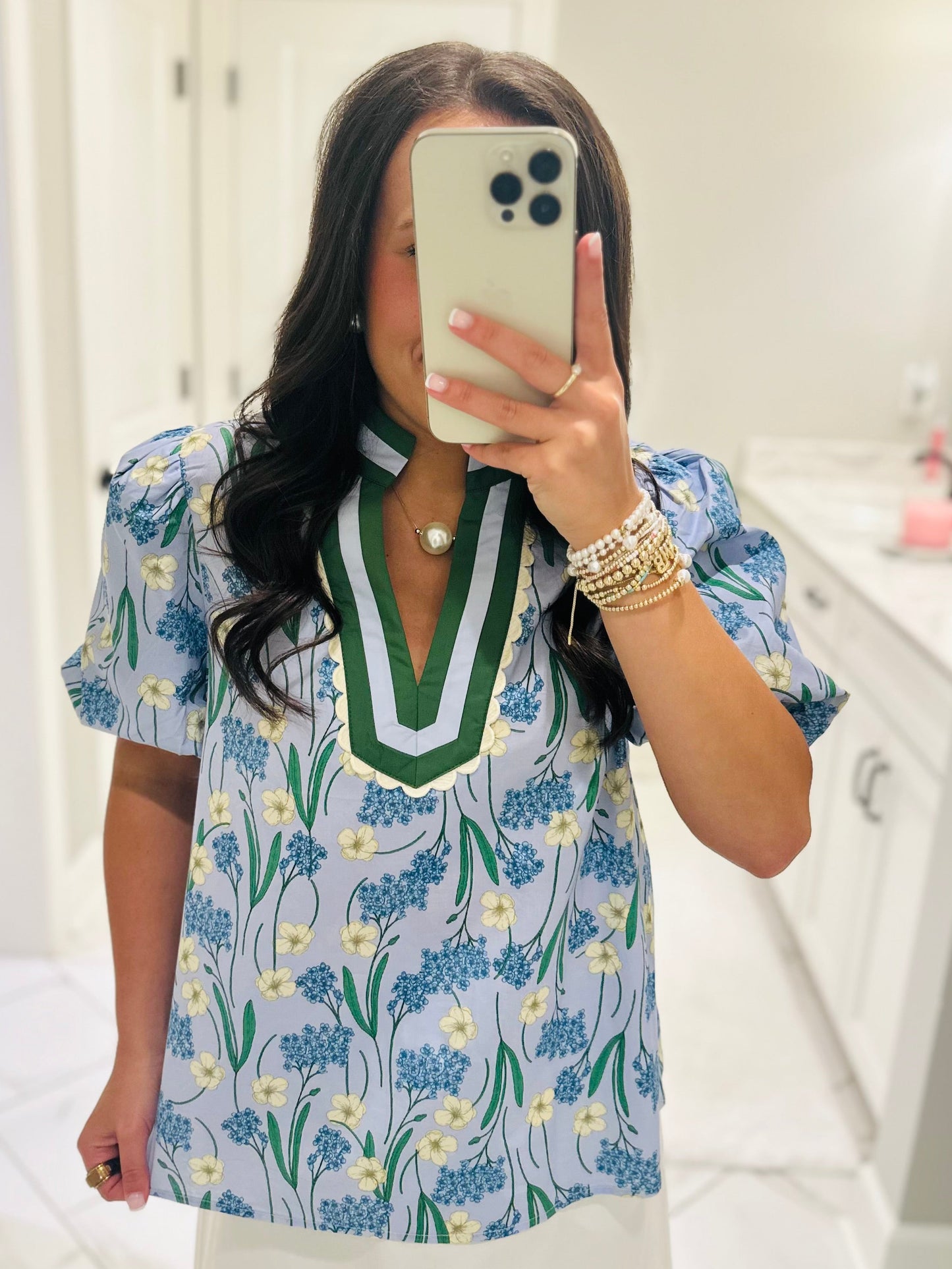 The Poppy Blue Floral Scallop Trim Top