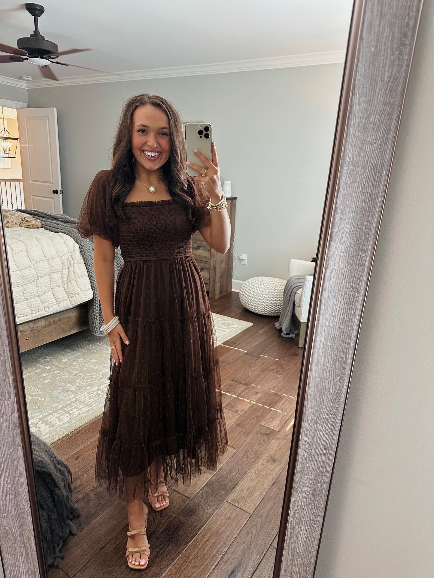 The Autumn Brown Polka Dot Chiffon Puff Sleeve Midi Dress
