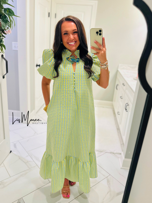 The Emilee Blue Gingham Midi Dress