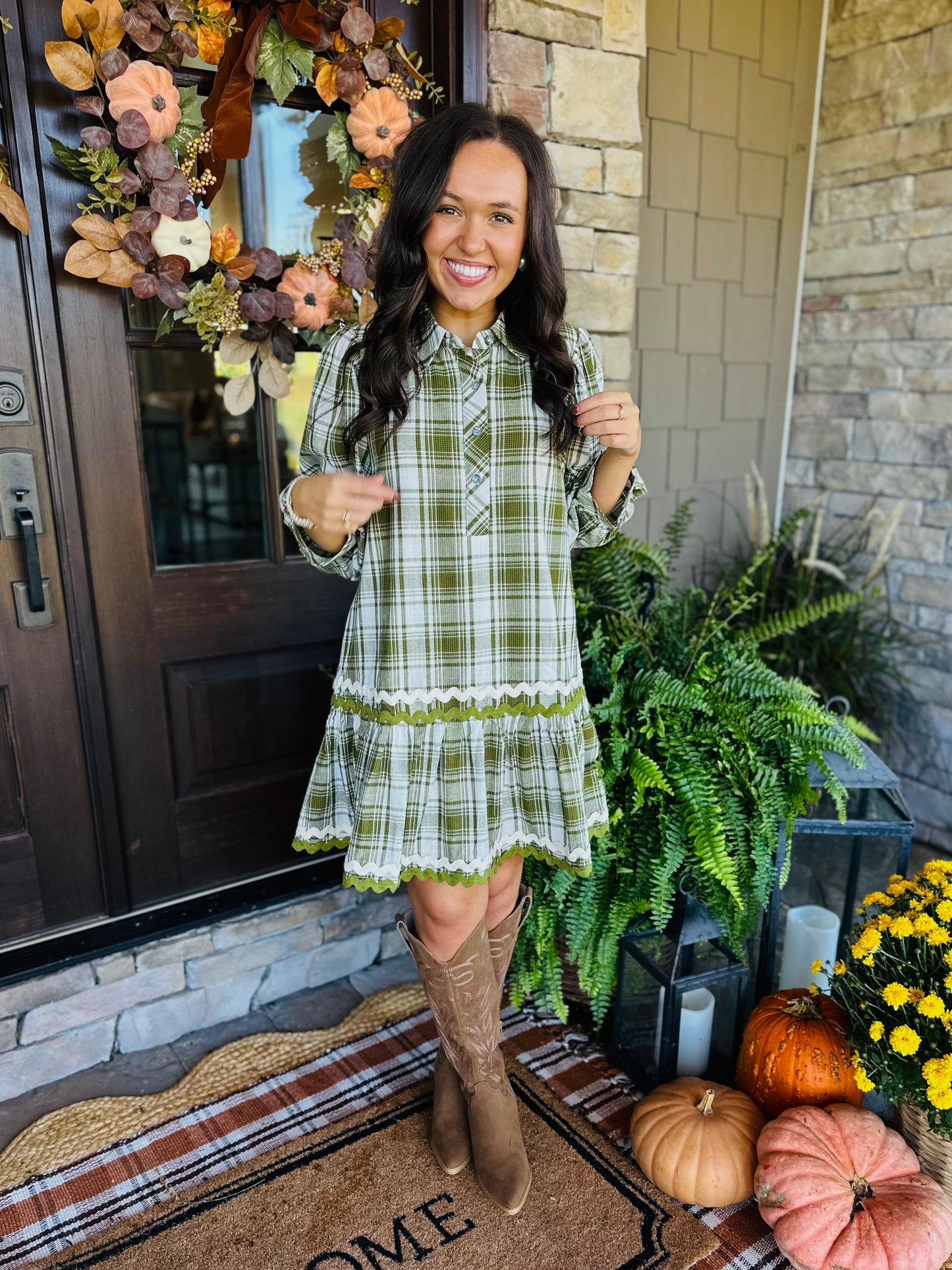 The Gale Olive Green Plaid Dress