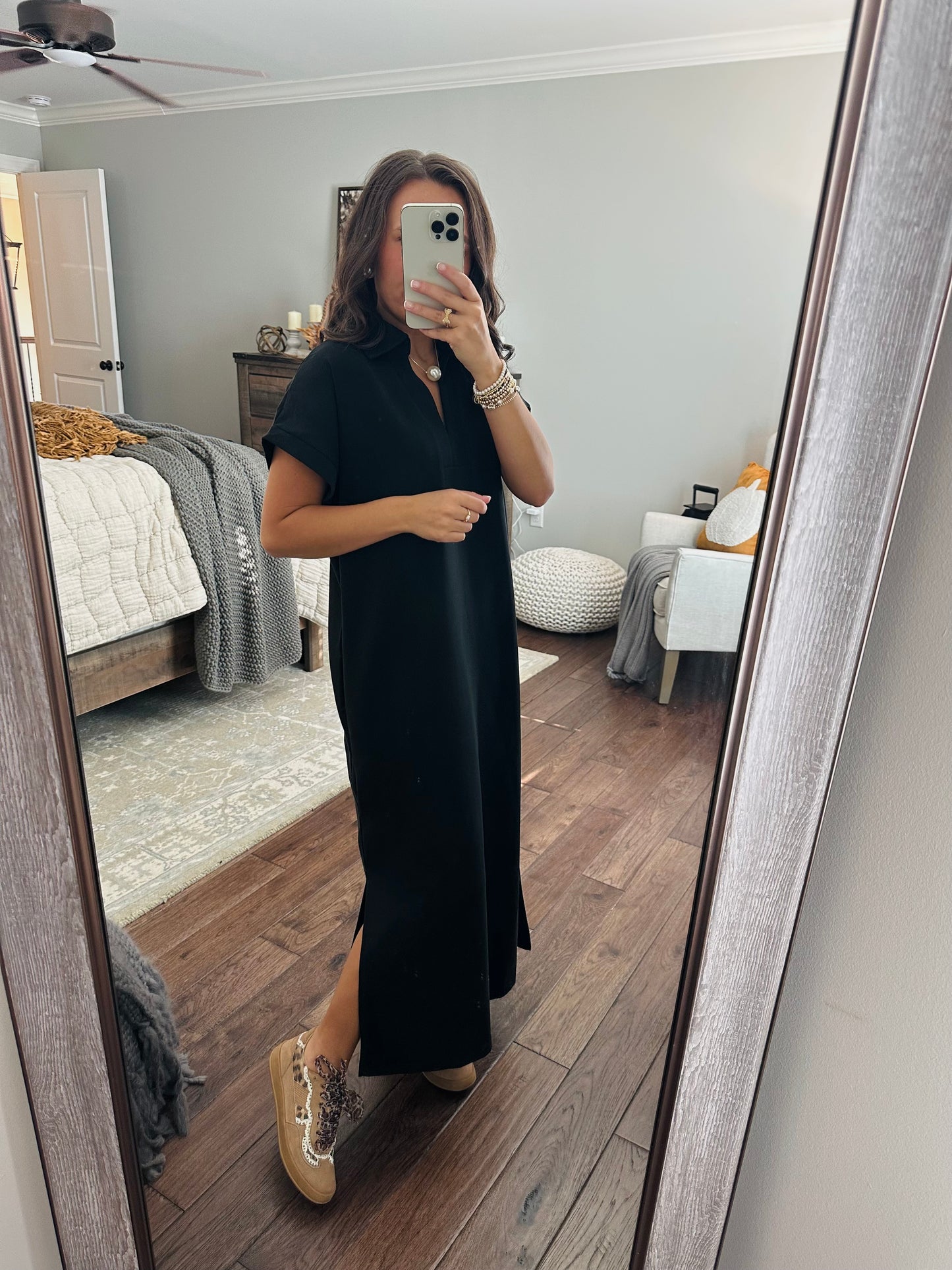 The Nola Black V-neck Midi Dress