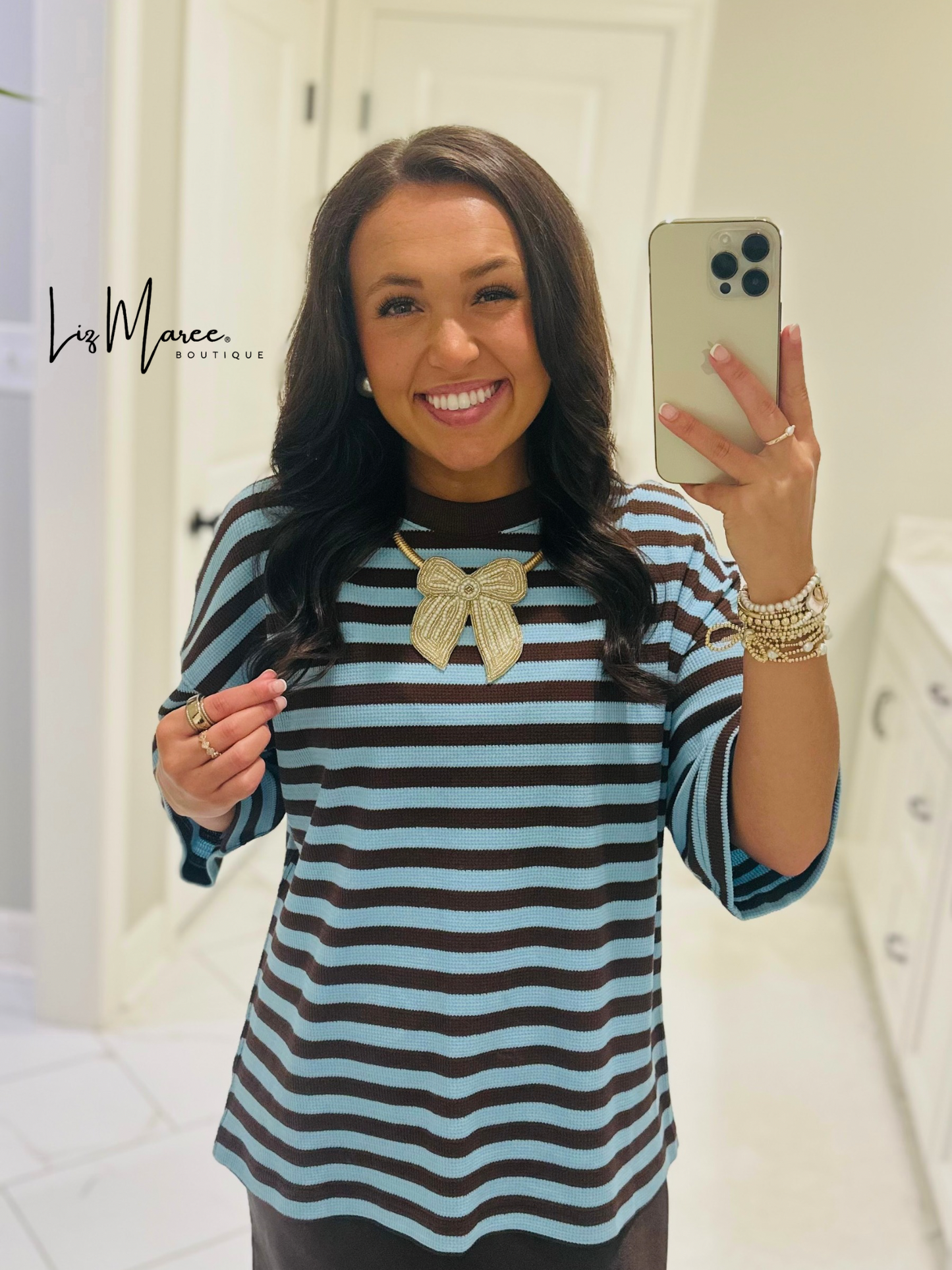The Everly Blue + Brown Striped Knit Top