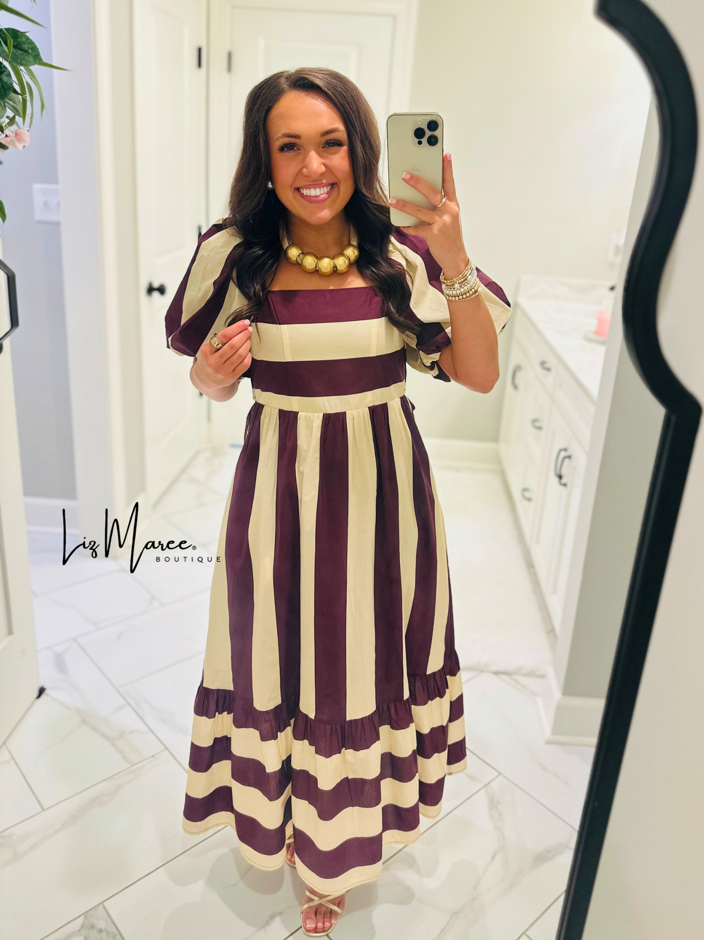 The Danyale Merlot Striped Bow Midi Dress