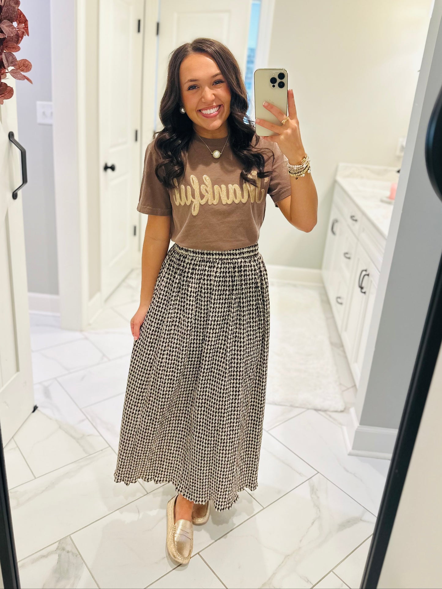 The Chocolate Brown Houndstooth Midi Skirt
