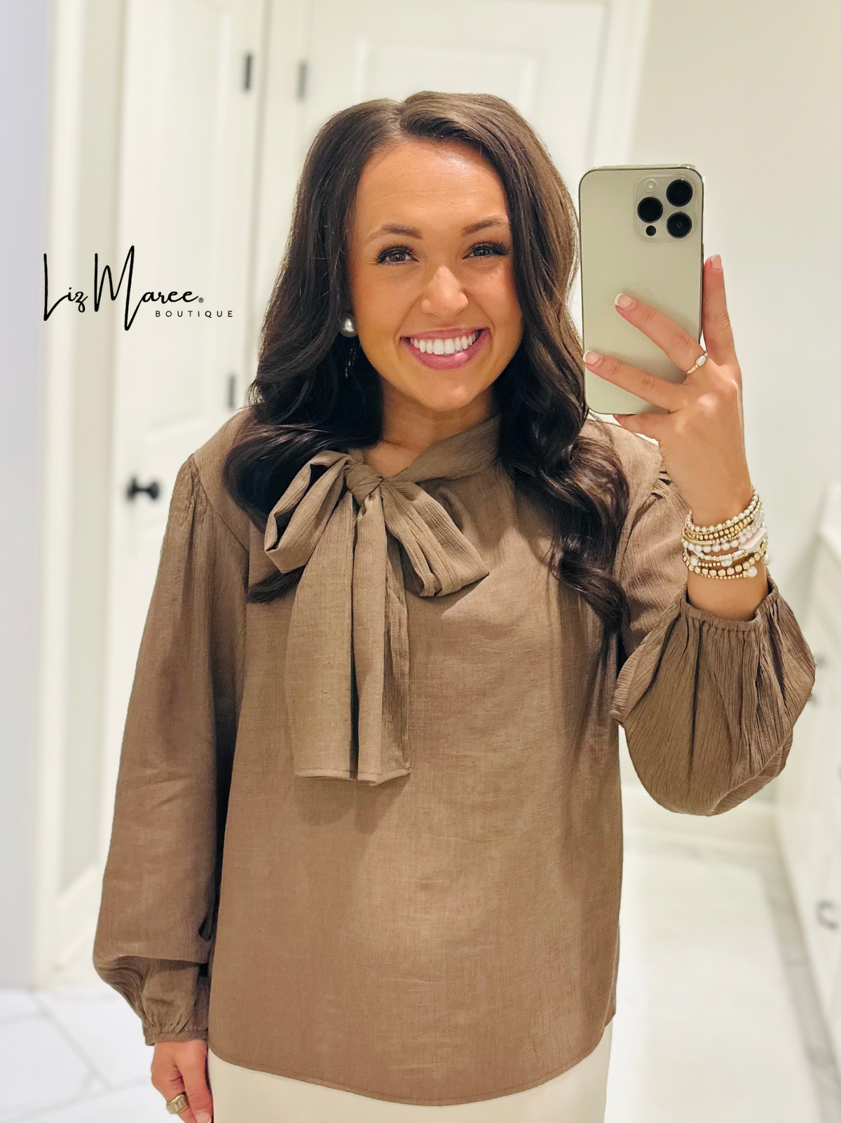 The Lorie Coco Brown Long Sleeve Bow Top
