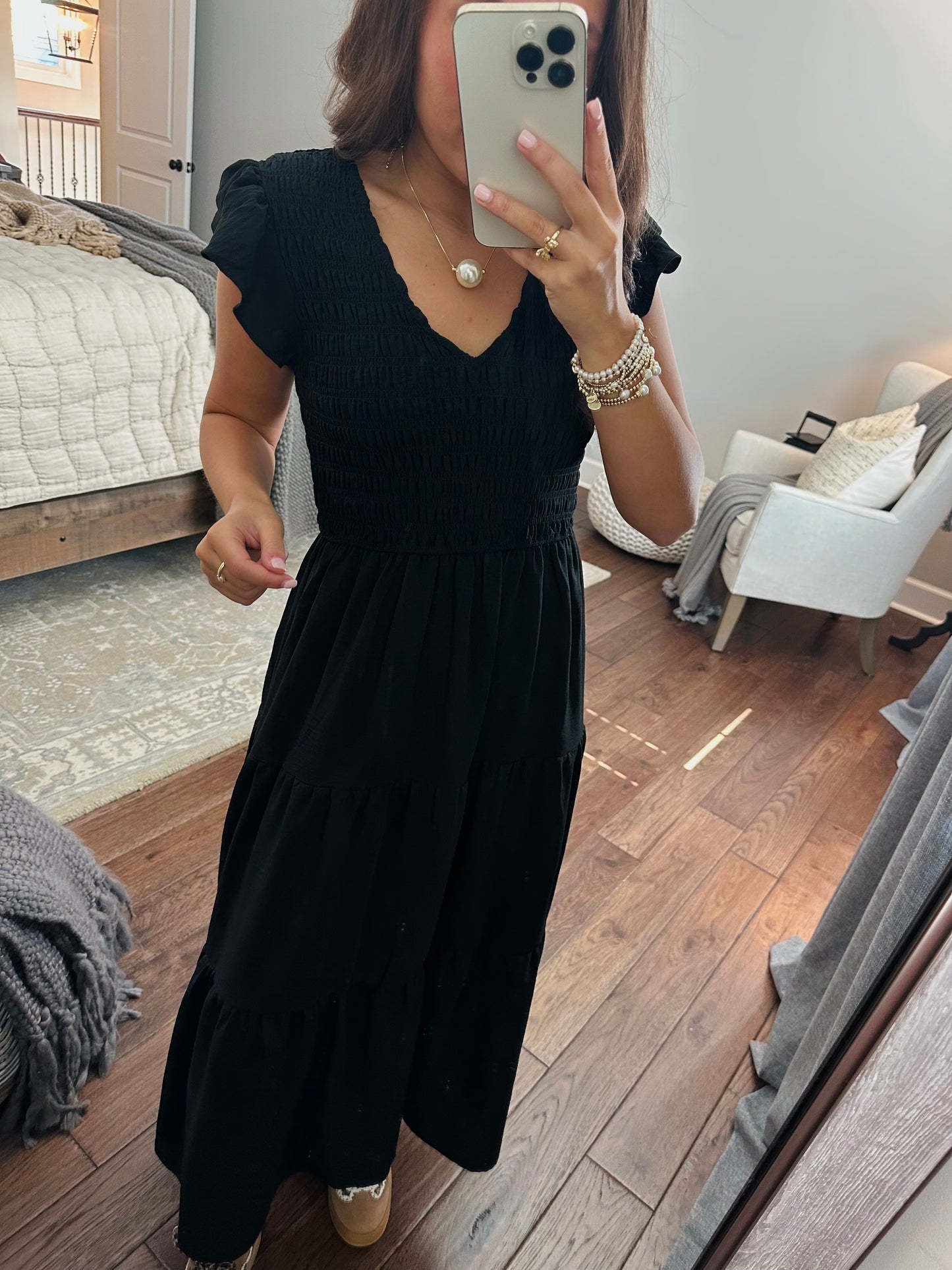 The Maple Black Flutter Sleeve Smocked Midi Dress