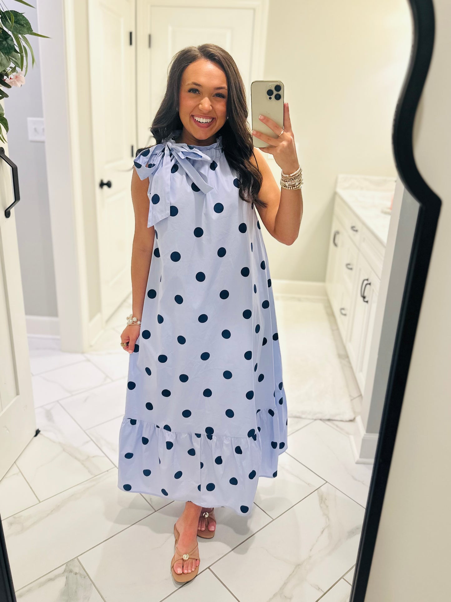 The Leighton Blue Polka Dot Neck Tie Midi Dress