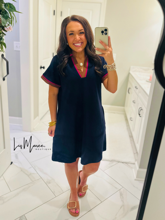 The Nina Navy Mix Collared Dress