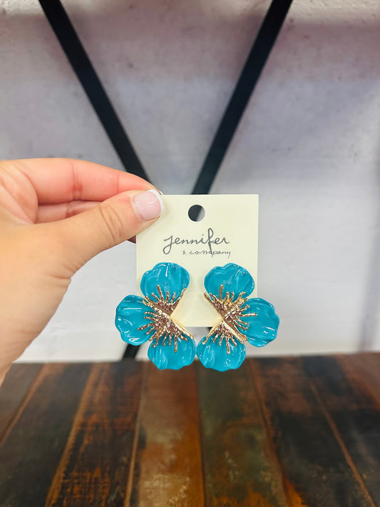 Flower Statement Earring - Teal Blue