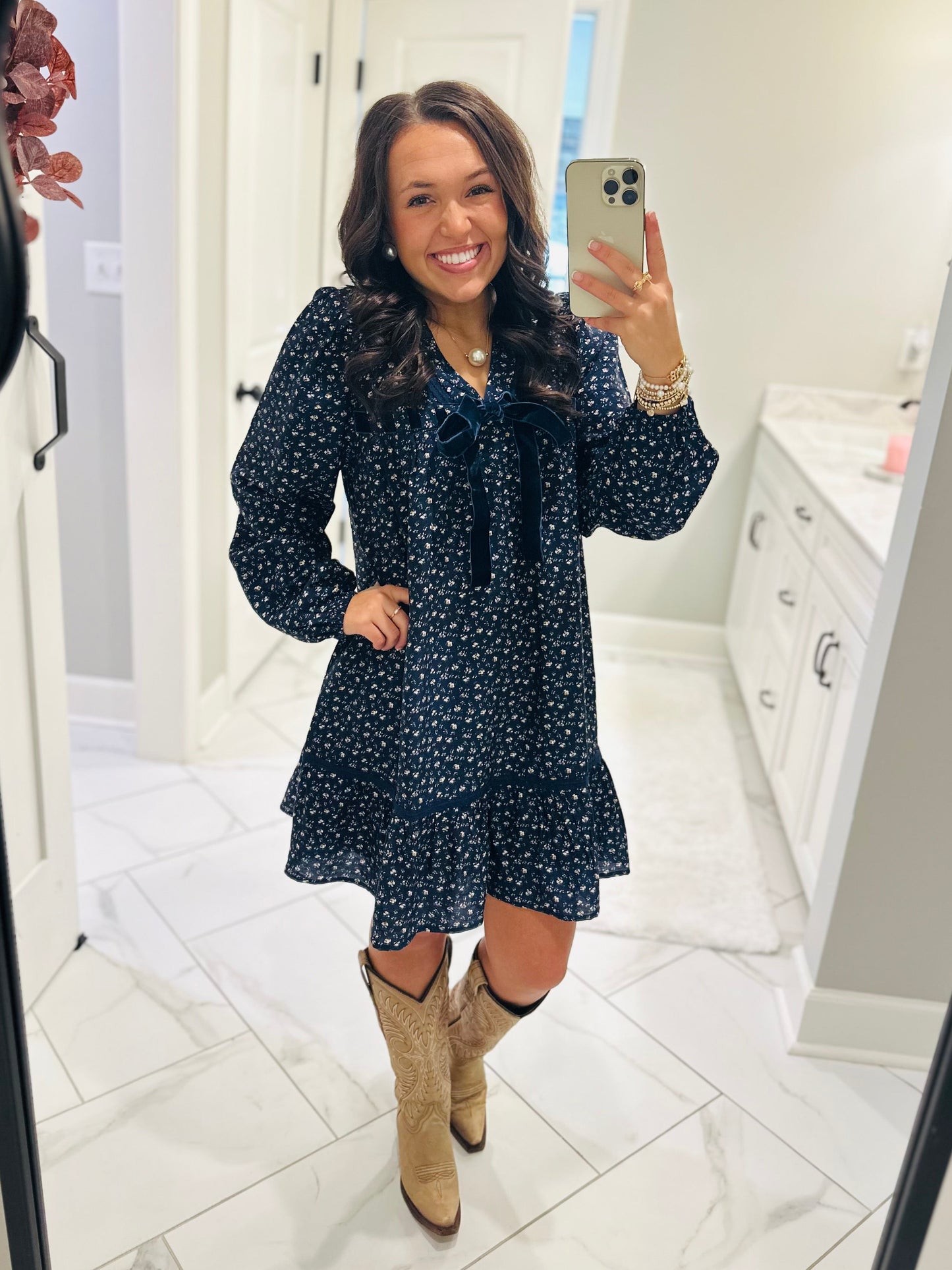 The Rhea Navy Floral Long Sleeve Bow Detail Dress