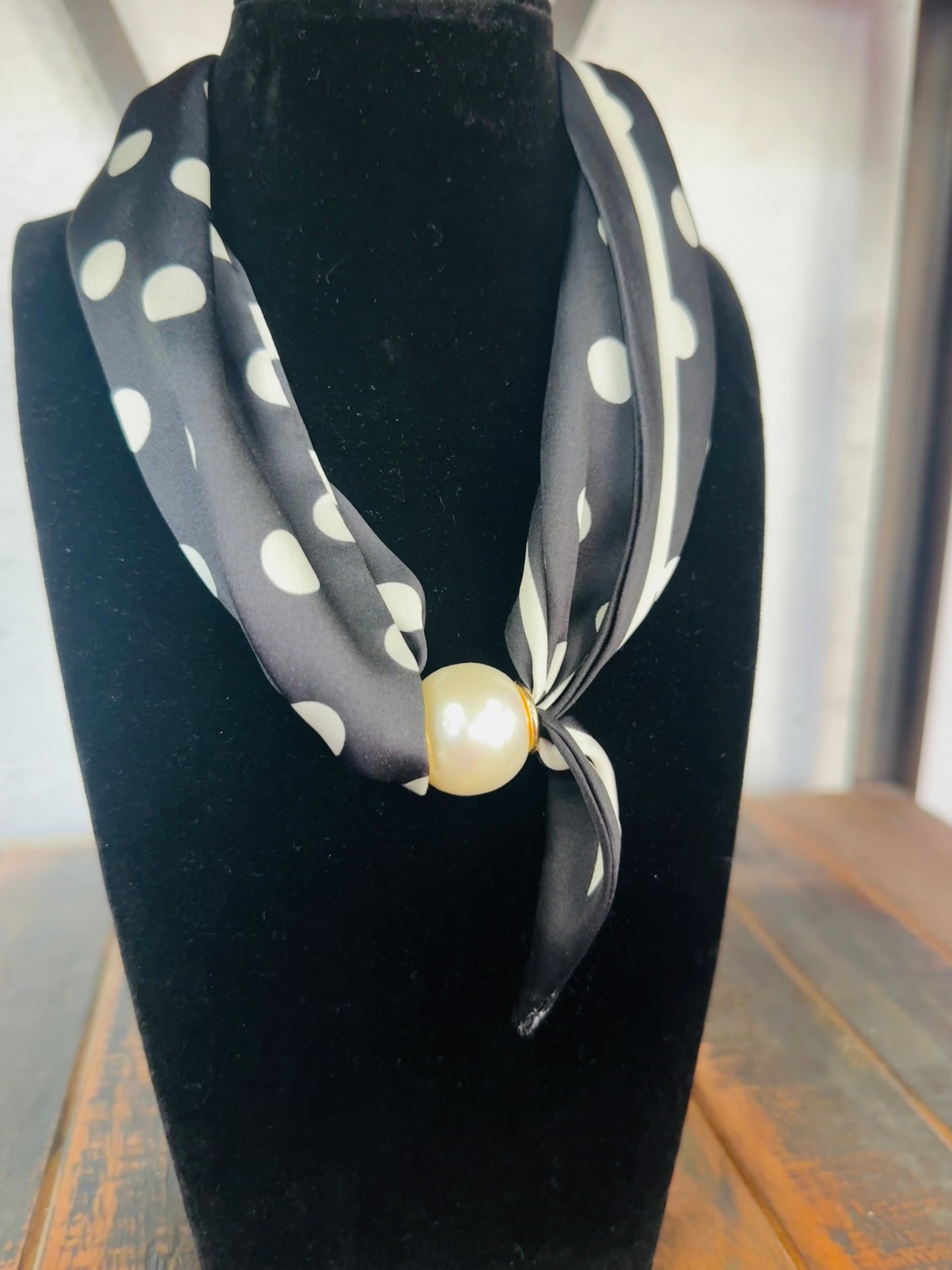 Black + White Large Polkadot Pearl Scarf Necklace