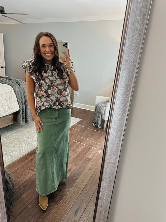 The Olive High Rise Back Slit Long Denim Skirt