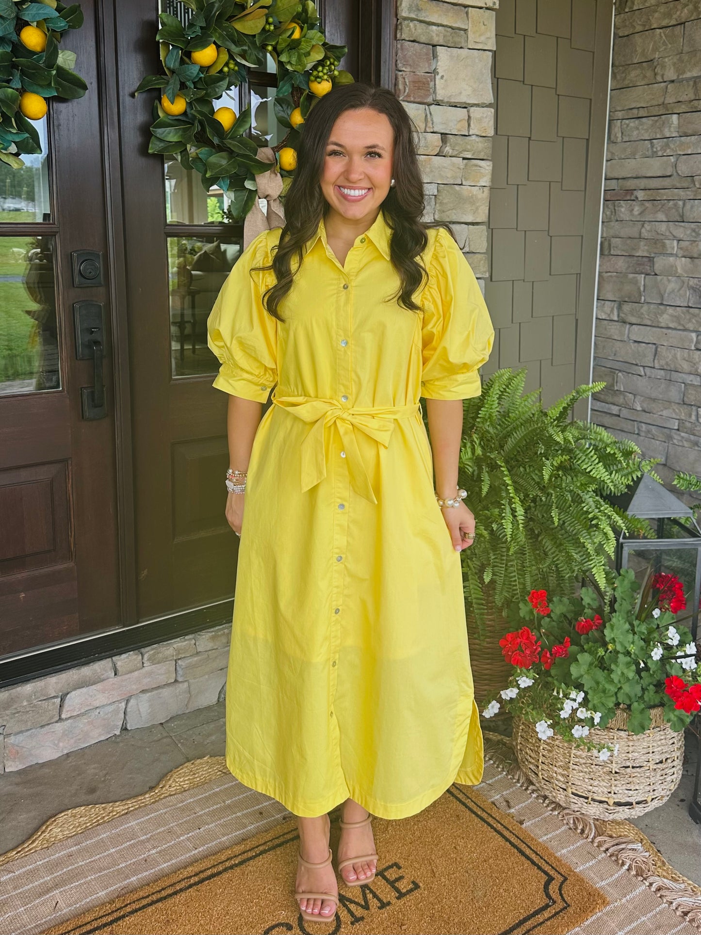 The Caroline Yellow Button Front Midi Dress