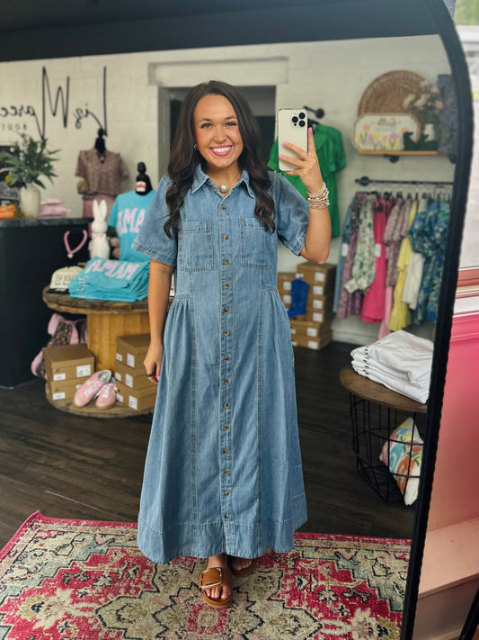 The Darlene Denim Button Front Midi Dress