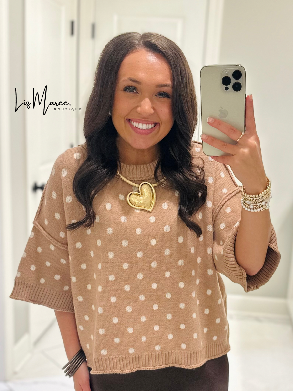 The Penelope Camel Polka Dot Sweater Knit Top