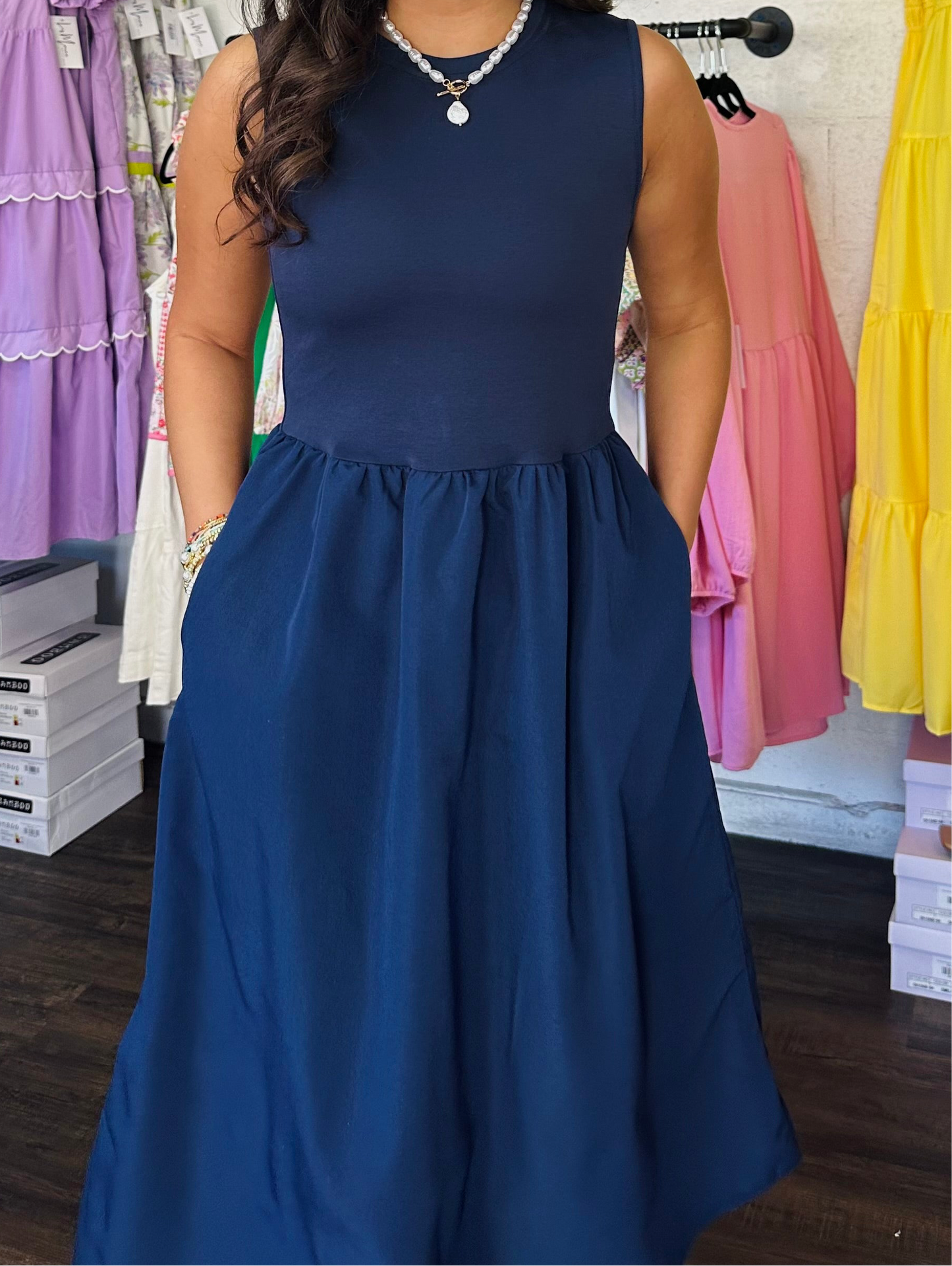 The Mya Navy Sleeveless Midi Dress