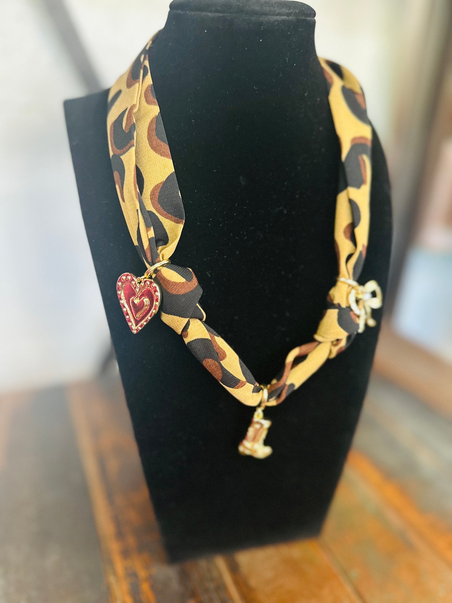 Leopard Silk Scarf + Charm Pendant Necklace