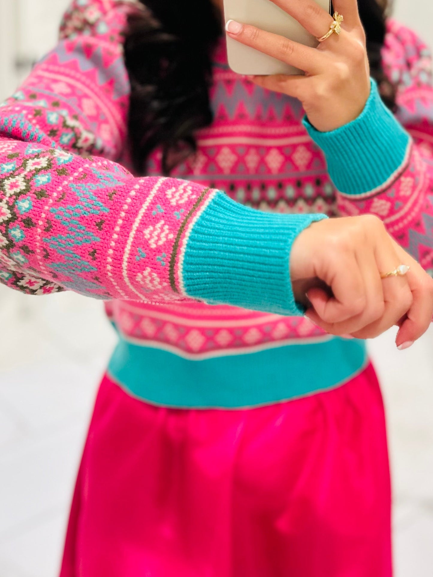 The Alya Hot Pink Fair Isle Print Cropped Sweater