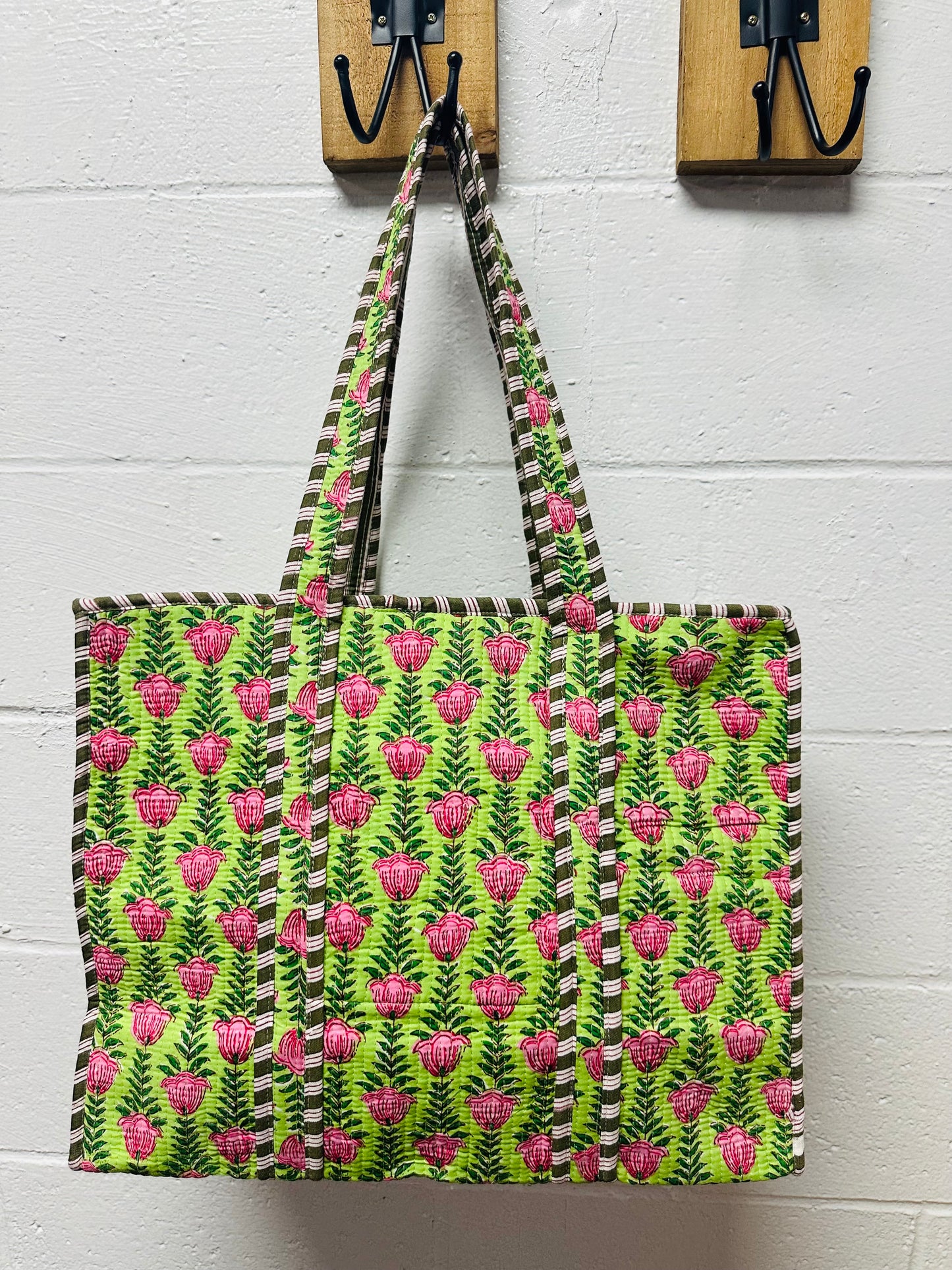 The Green + Pink Ivy Floral Quilted Tote Bag