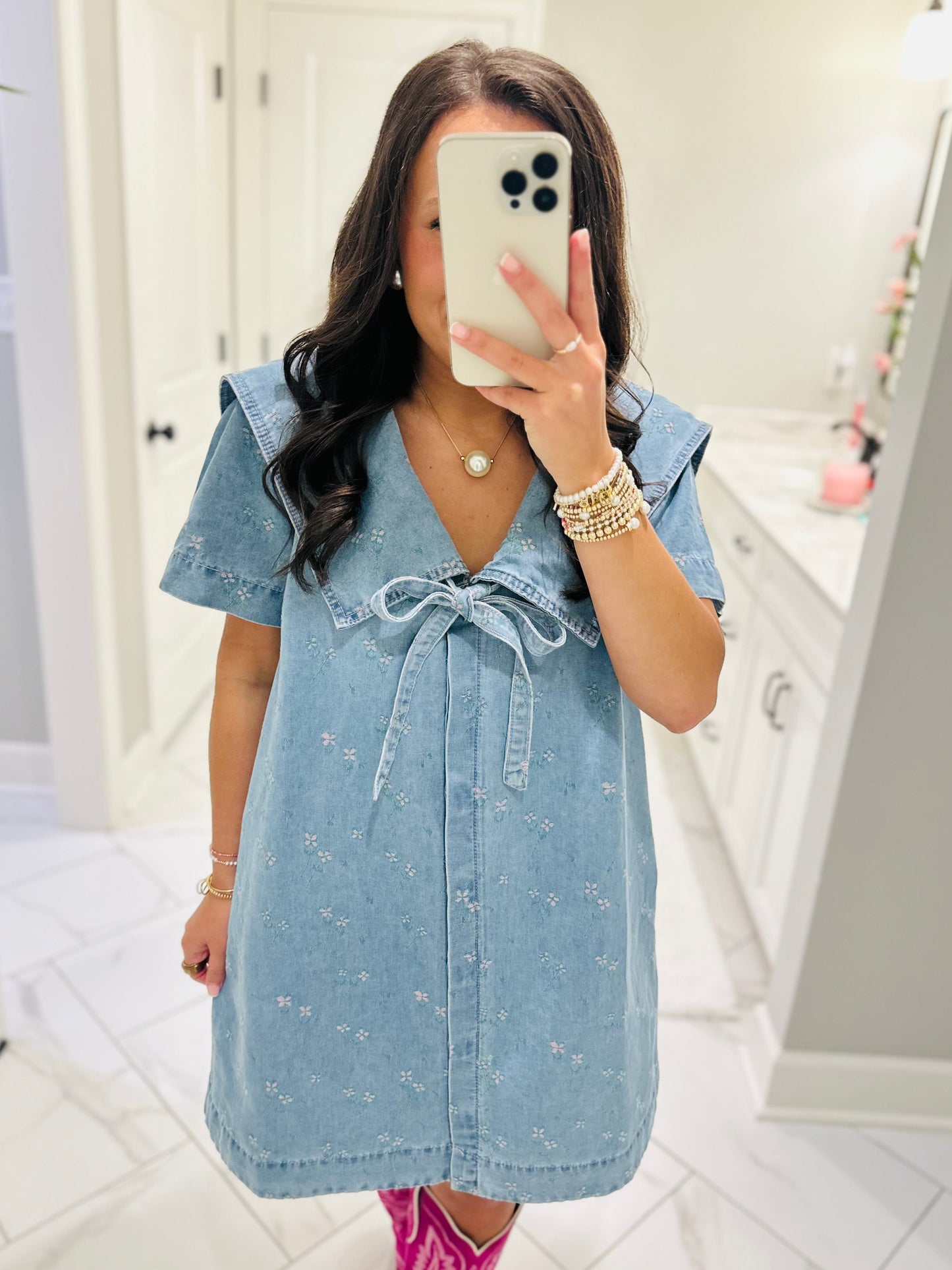 The Noa Collared Floral Denim Dress