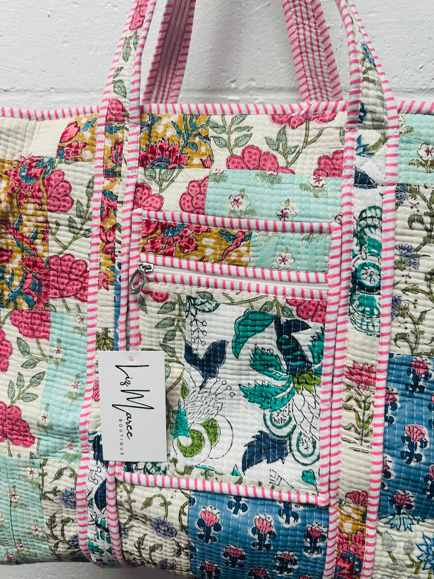 The Pink + Blue Multicolor Patchwork Quilted Tote Bag