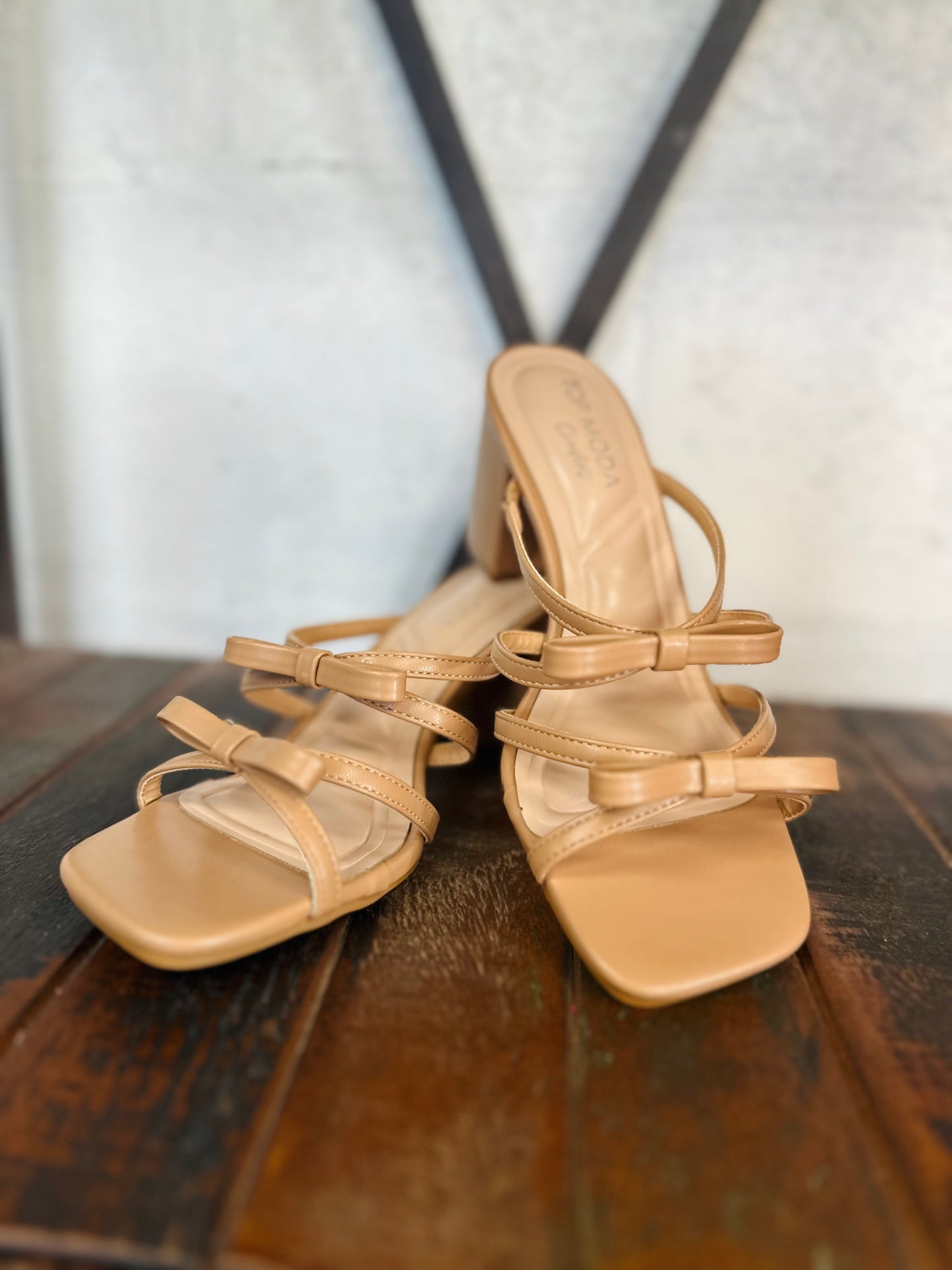 The Mylie Camel Double Bow Heel