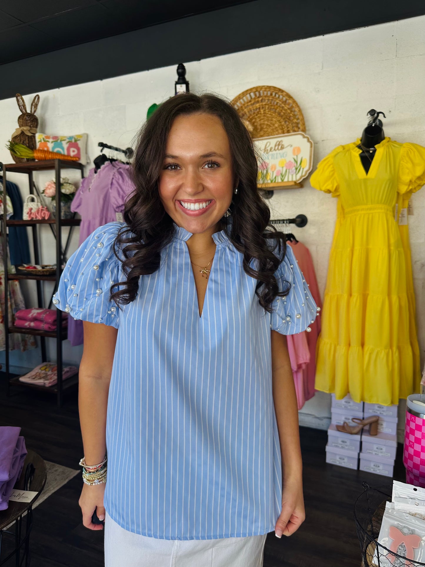 The Brynn Blue Pearl Puff Sleeve Top