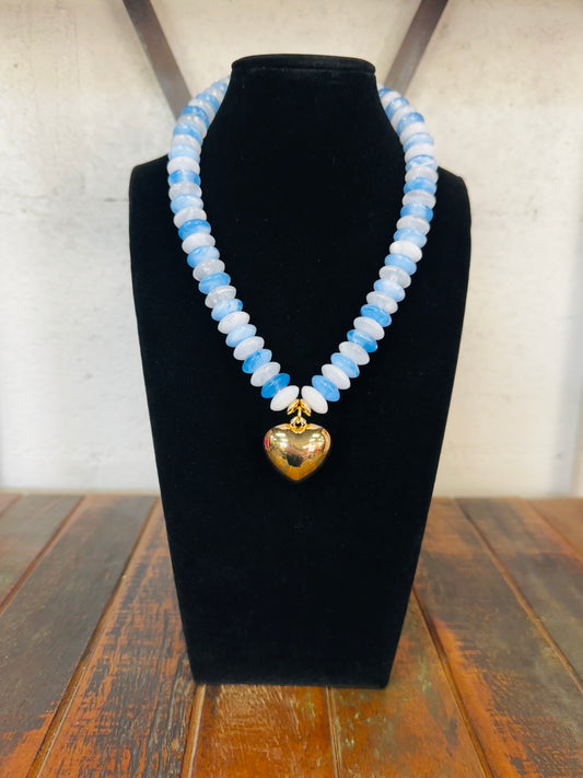 Blue + Gold Wide Bead Puffy Heart Necklace