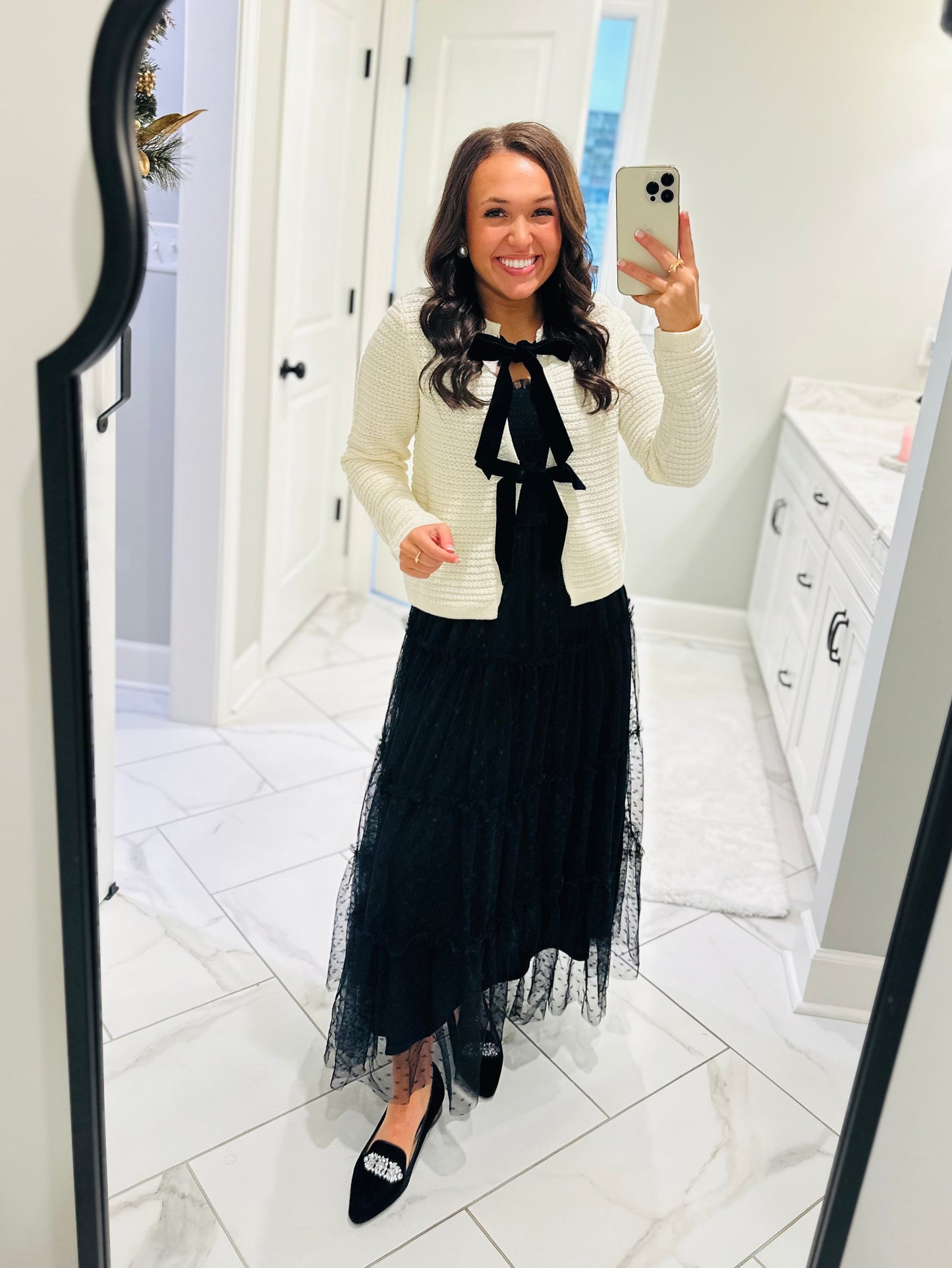 The Sofia Cream + Black Velvet Bow Cardigan