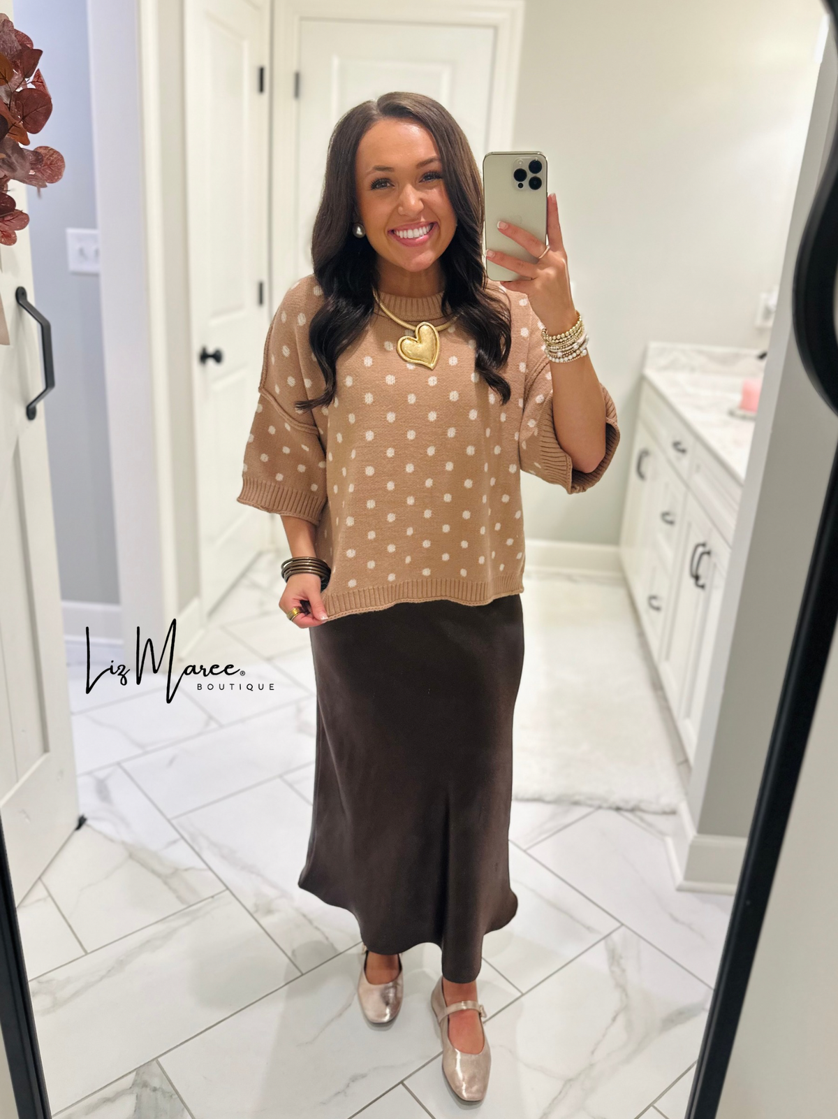 The Penelope Camel Polka Dot Sweater Knit Top