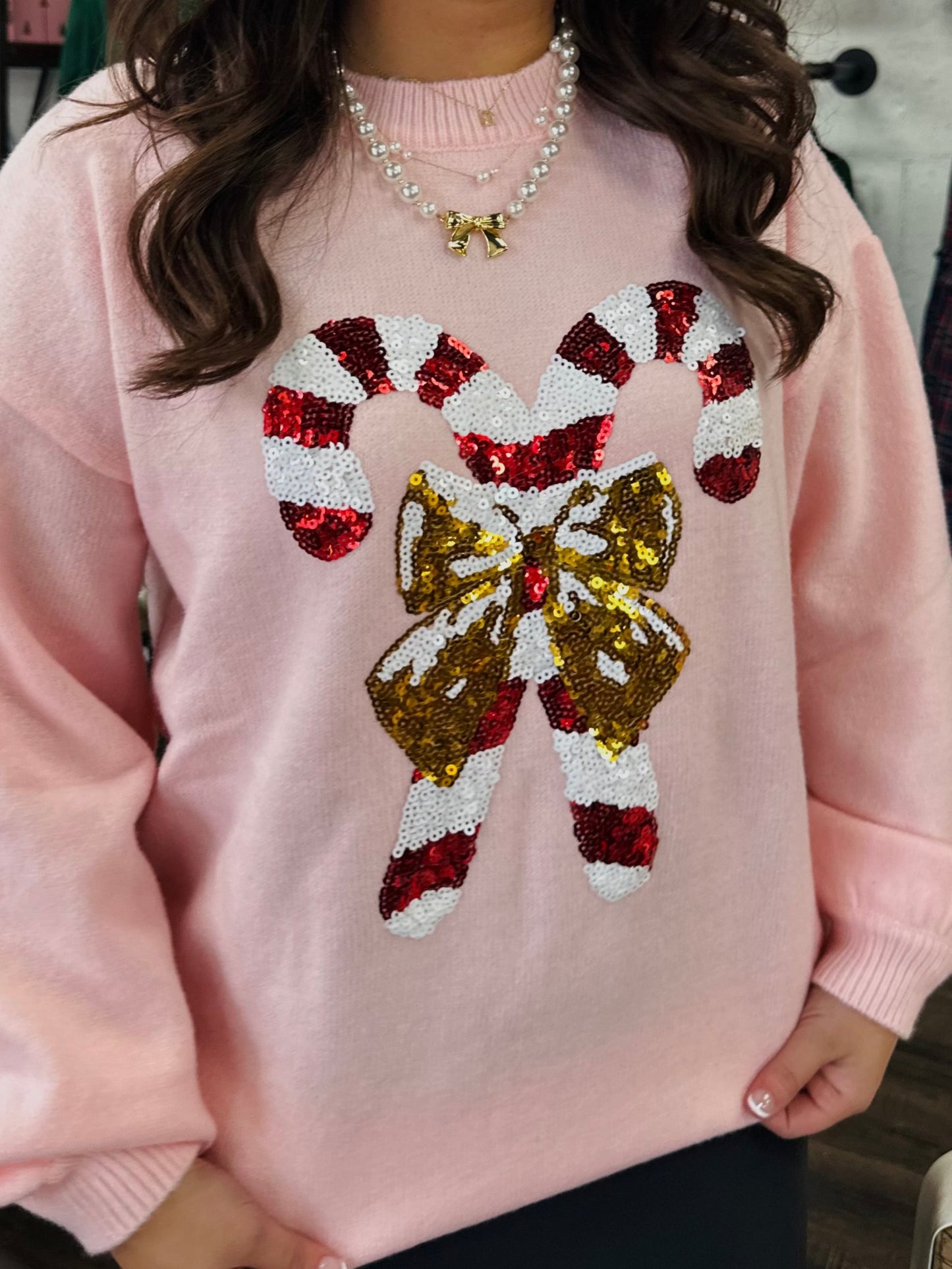 Candy Cane Embroidered Sequin Sweater