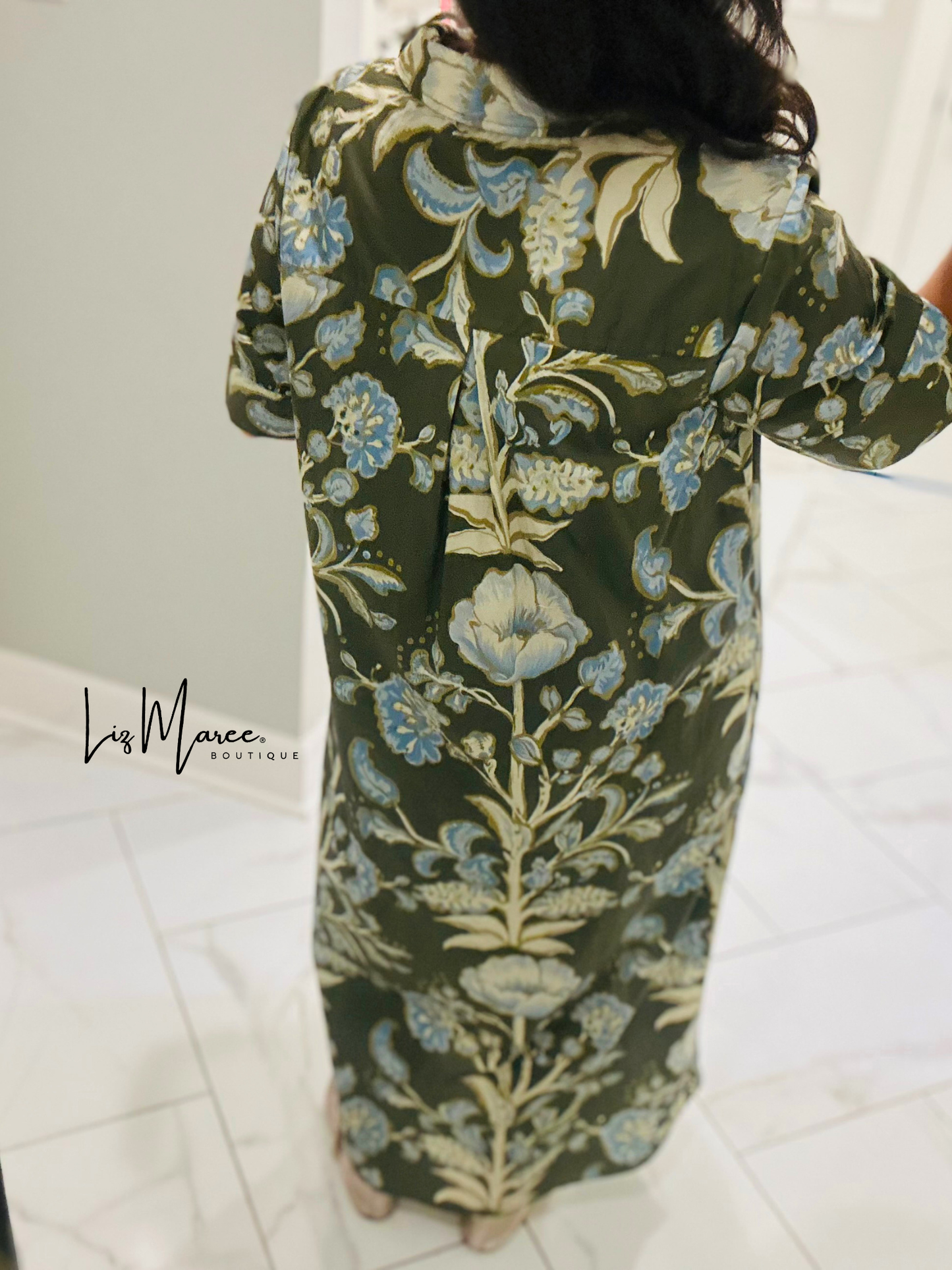 The Evie Olive Green + Blue Floral Midi Dress