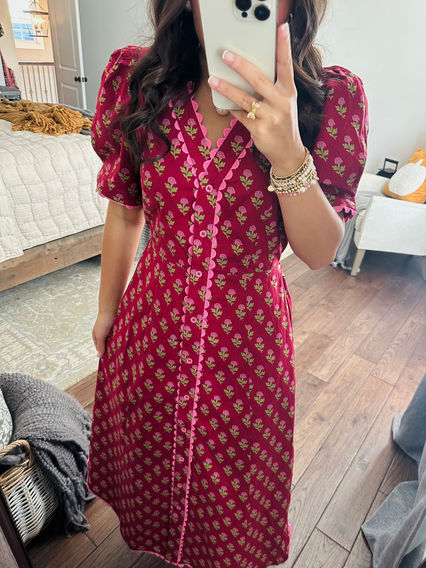 The Charlotte Burgundy Floral Scallop Trim Midi Dress