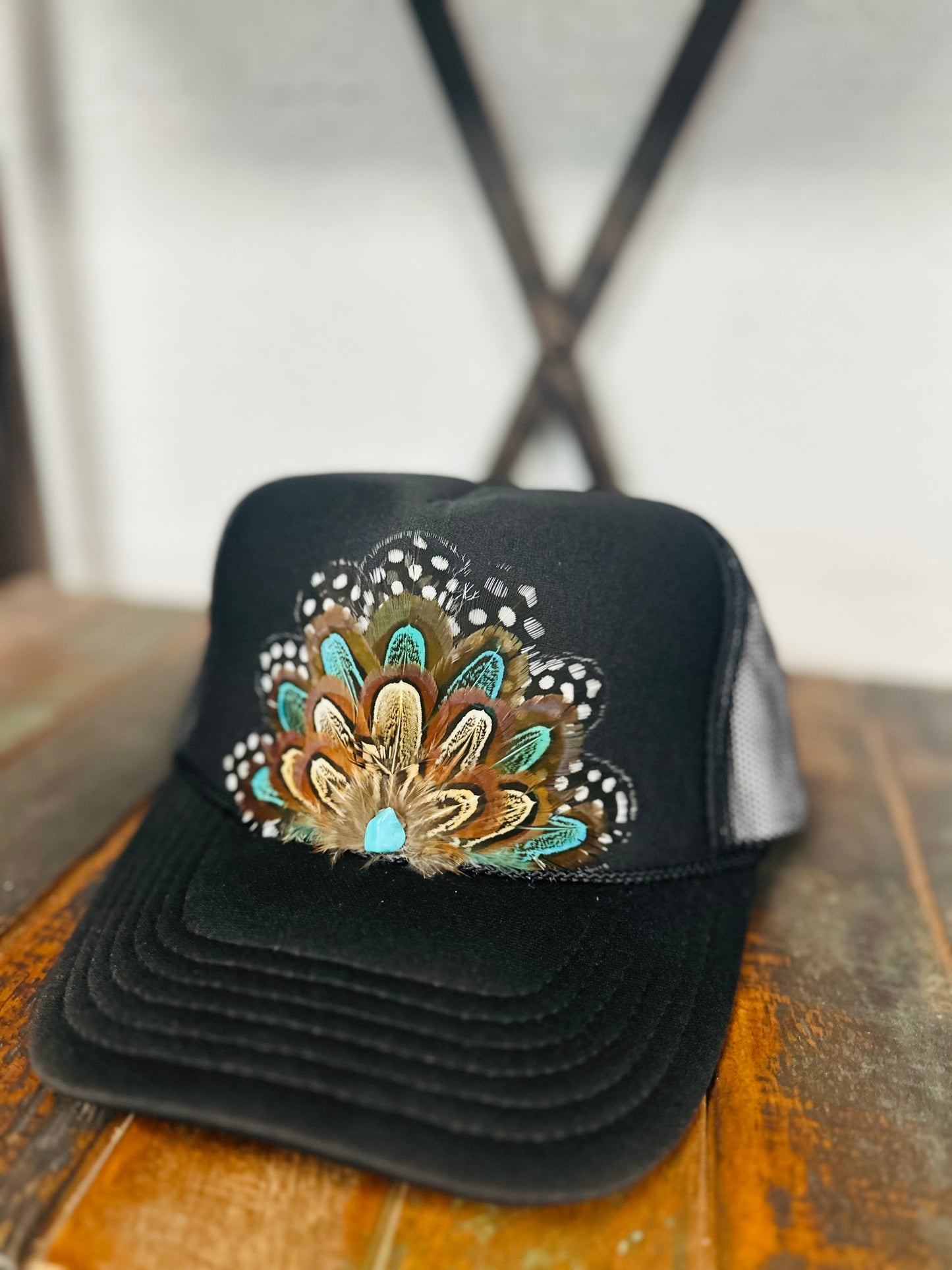 Black & Turquoise Feather + Turquoise Stone Trucker Hat