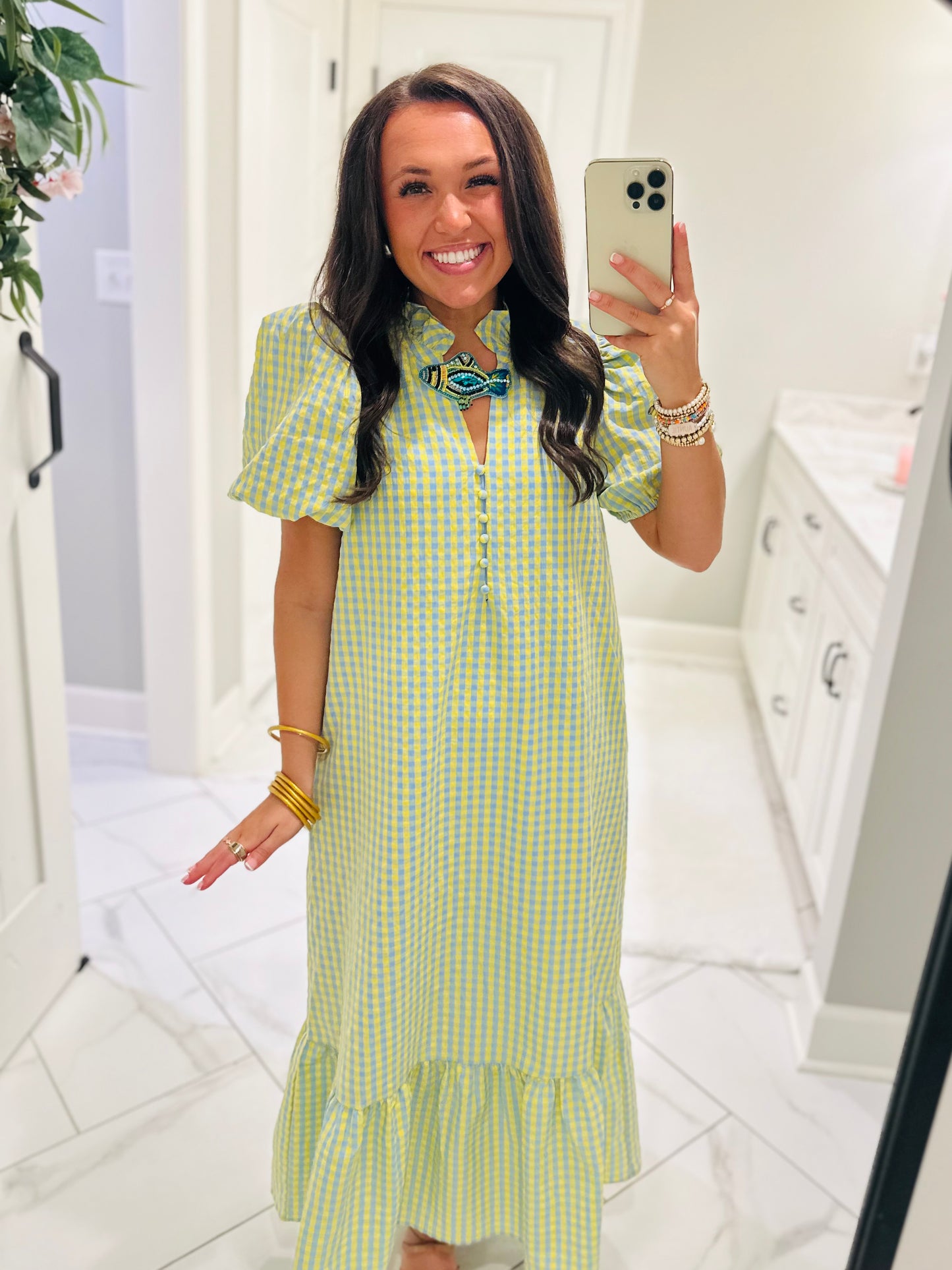 The Emilee Blue Gingham Midi Dress