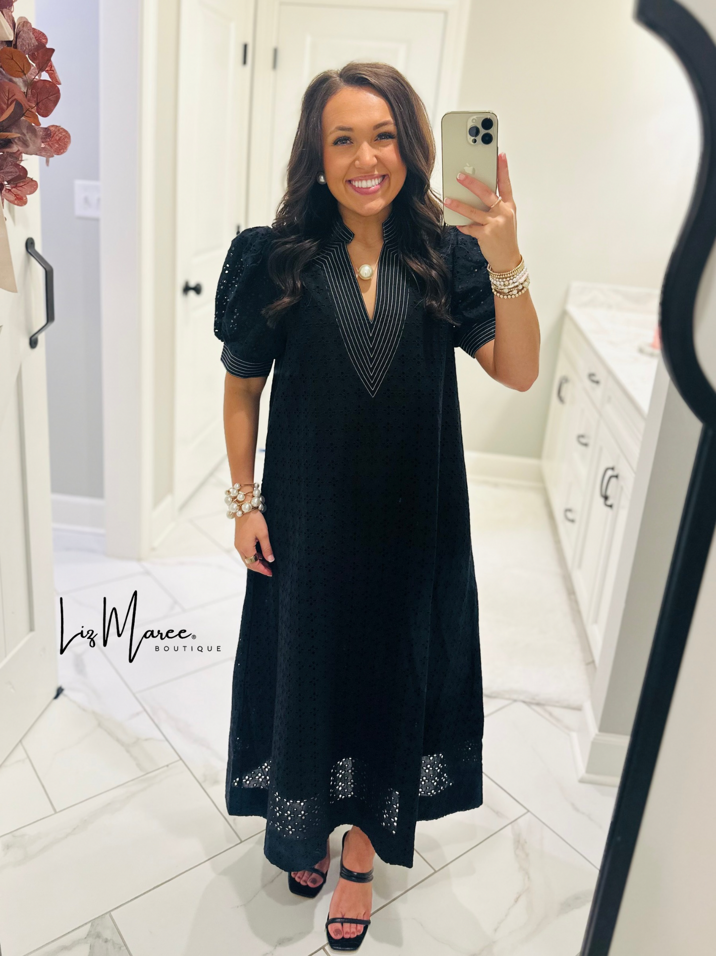 The Adley Black Eyelet Midi Dress