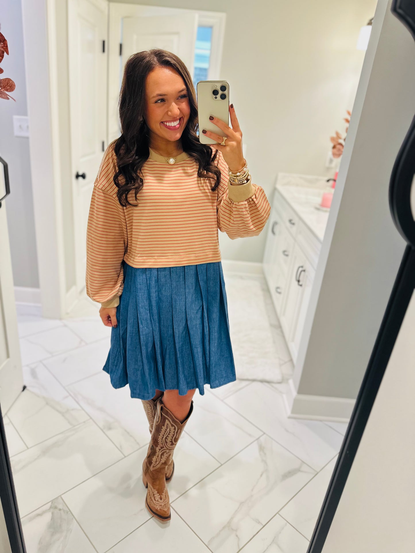 The Ella Long Sleeve Pleated Dress - Taupe / Denim