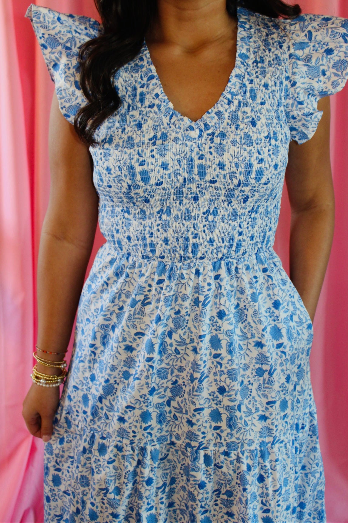 The Caroline Blue Floral Smocked Midi Dress