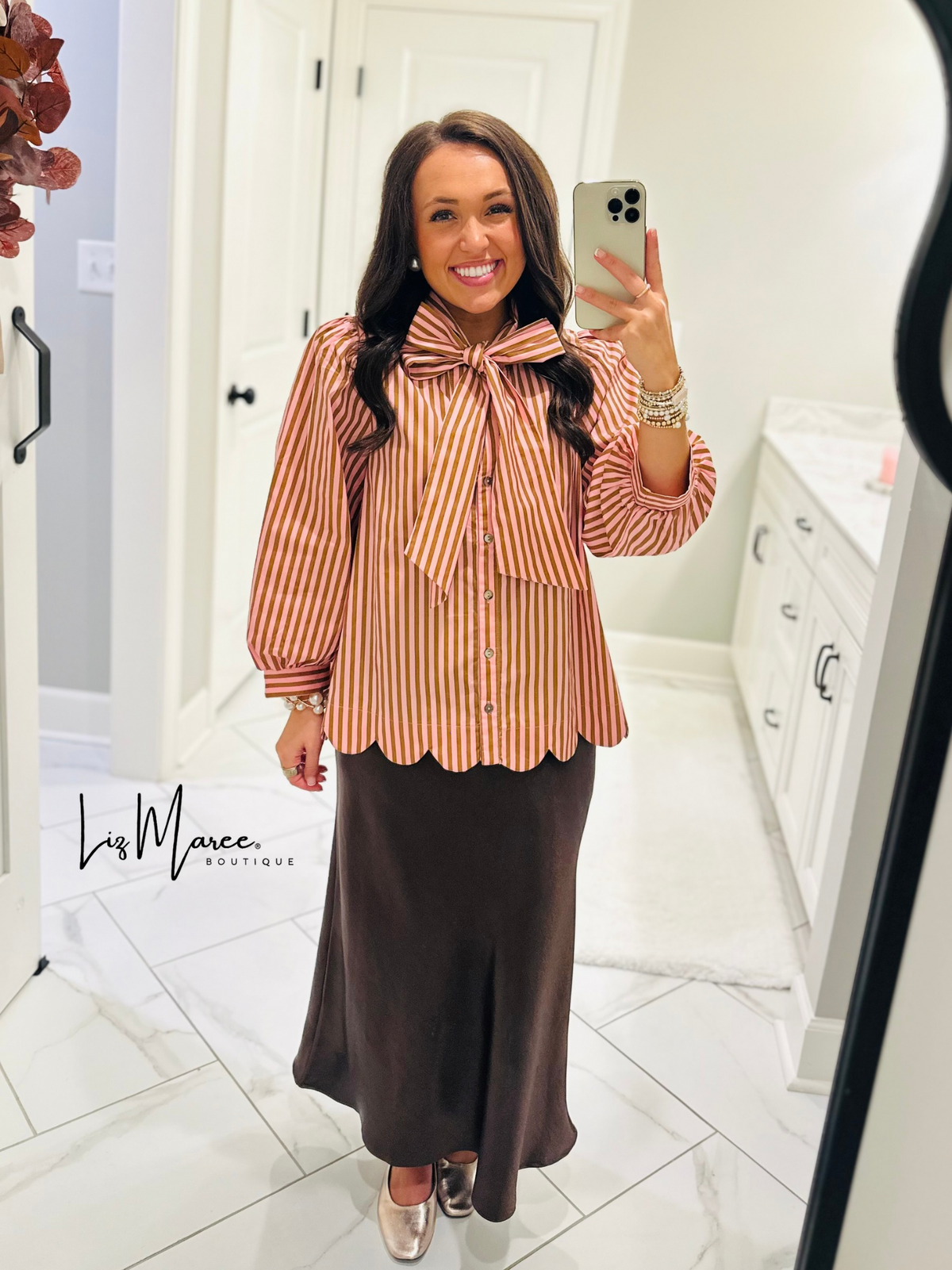 The Shelby Pink + Brown Striped Bow Top