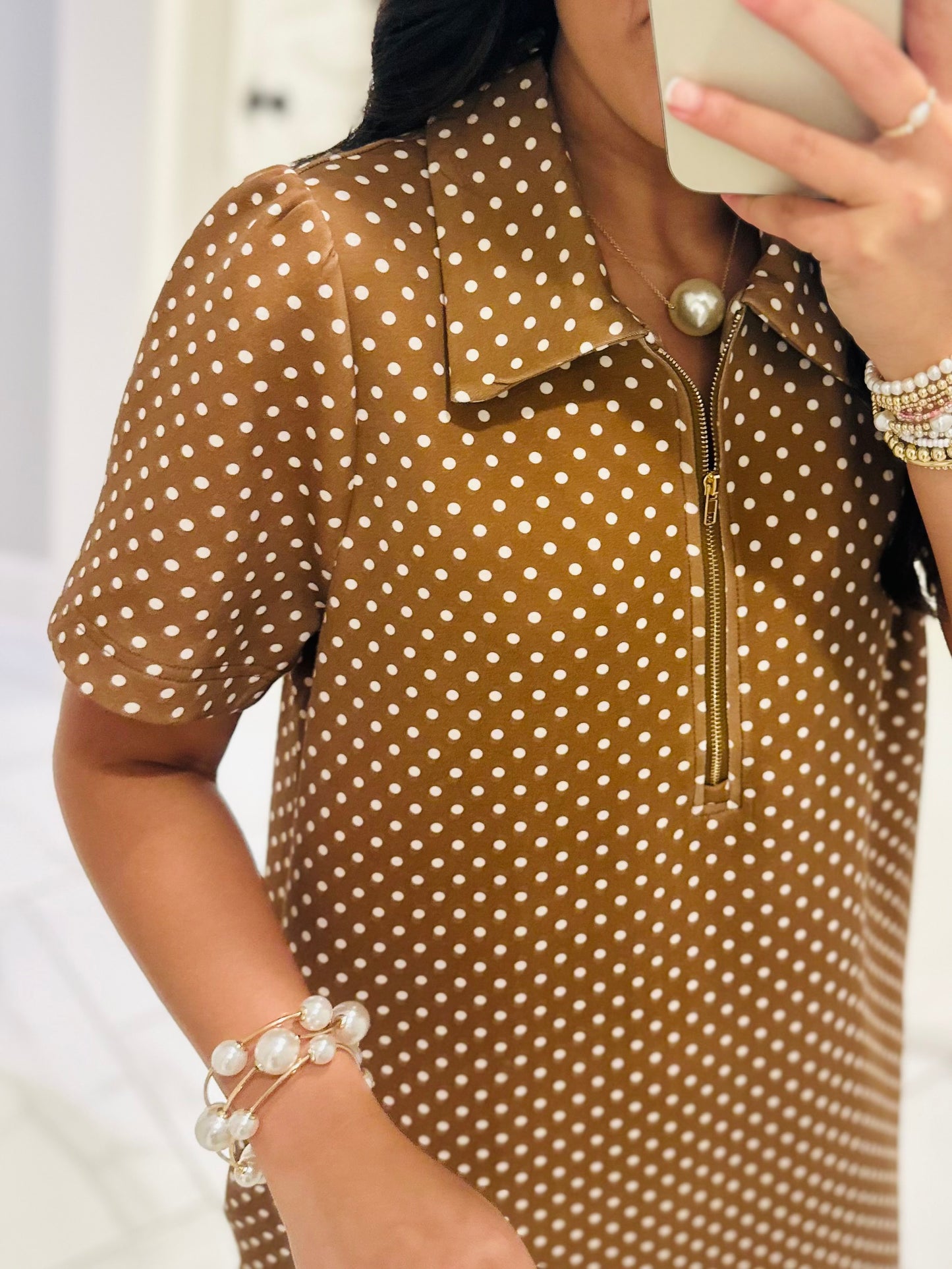 The Hadley Caramel Brown Polka Dot Quarter Zip Dress