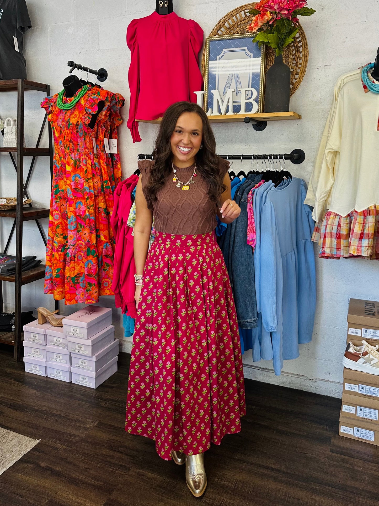 The Austin Burgundy Floral Midi Skirt