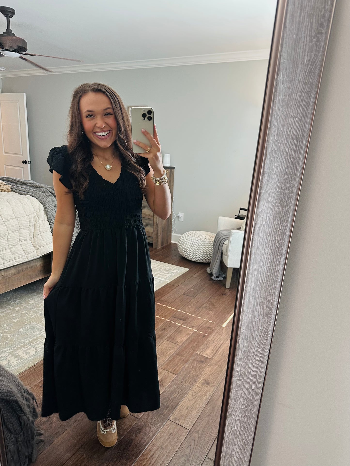 The Maple Black Flutter Sleeve Smocked Midi Dress
