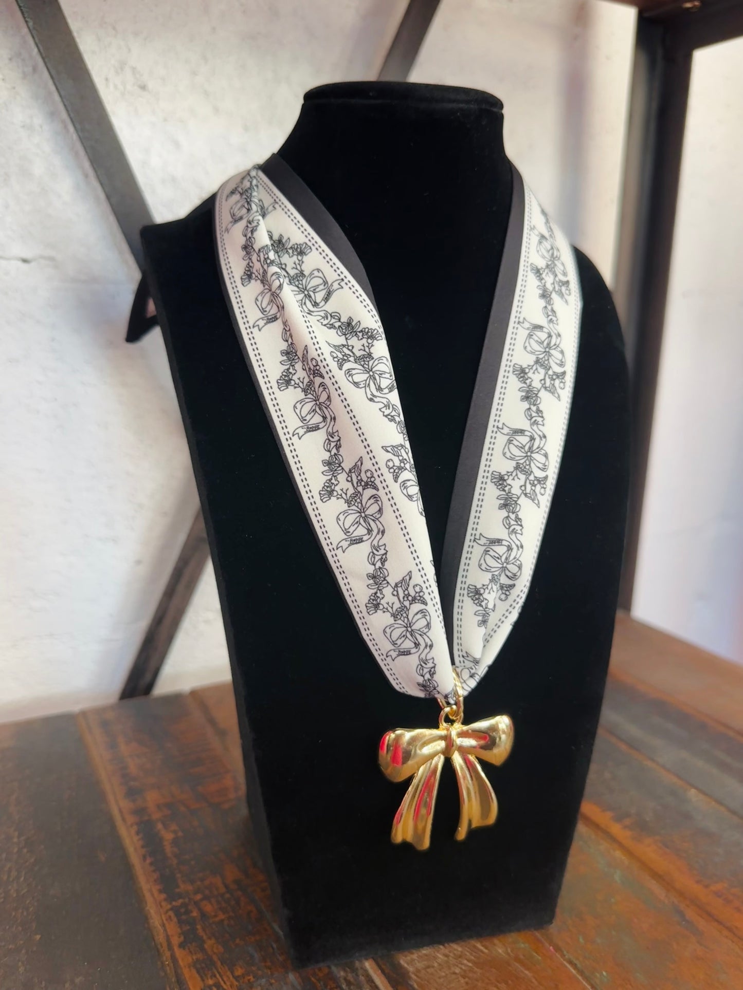 Black Bow Floral Silk Scarf + Gold Bow Pendant