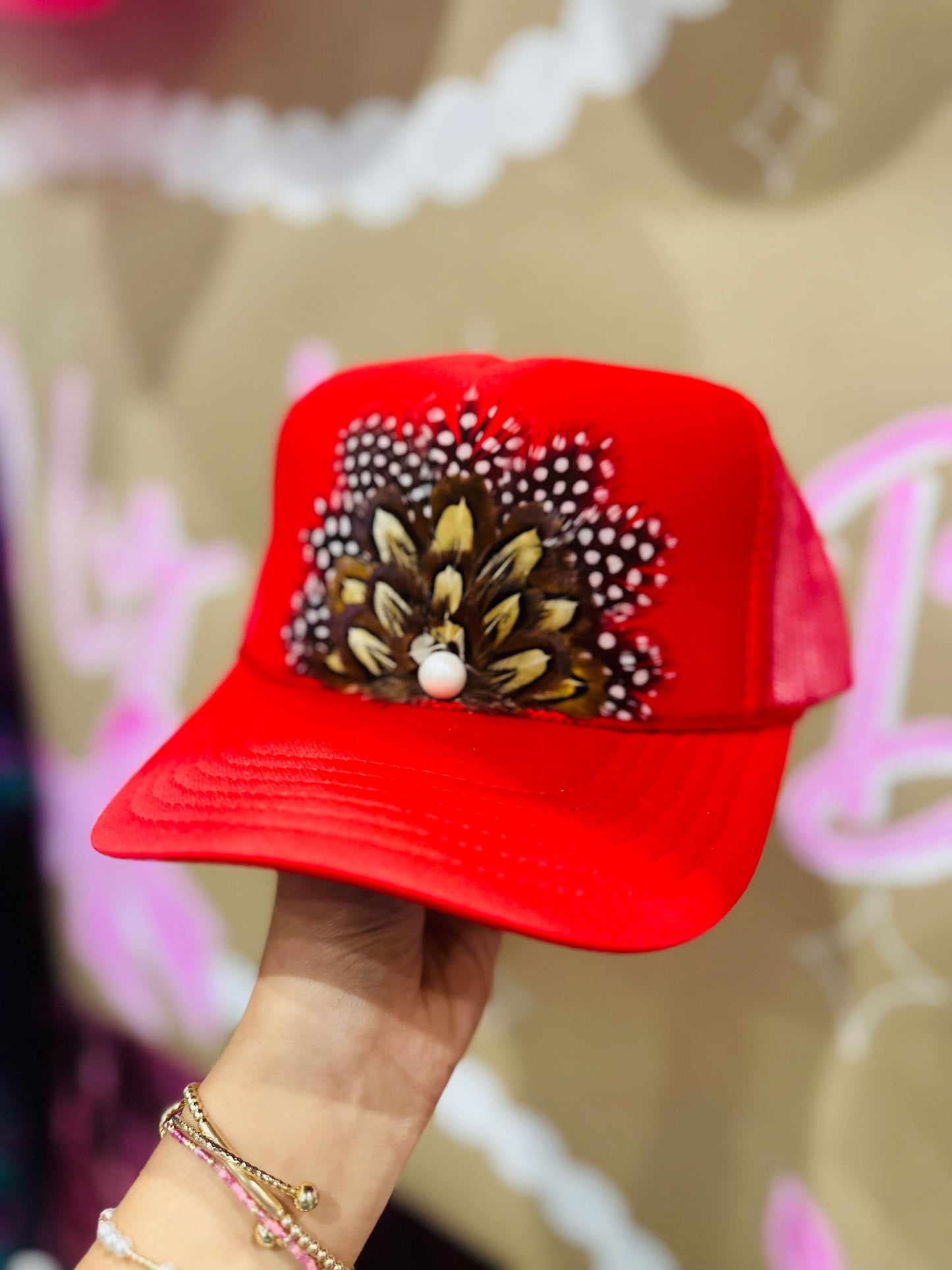 Red Feather + Pearl Trucker Hat