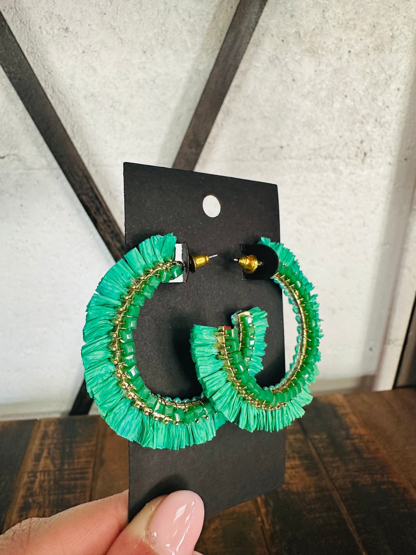 Green Beaded Raffia Hoop Earrings