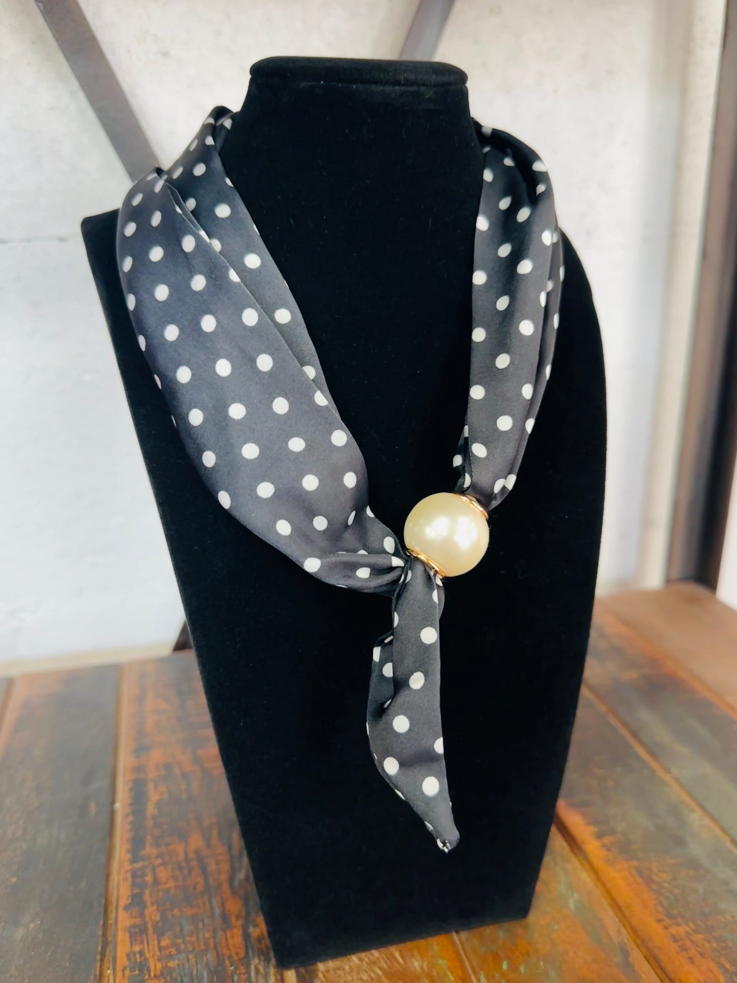 Black + White Polkadot Pearl Scarf Necklace