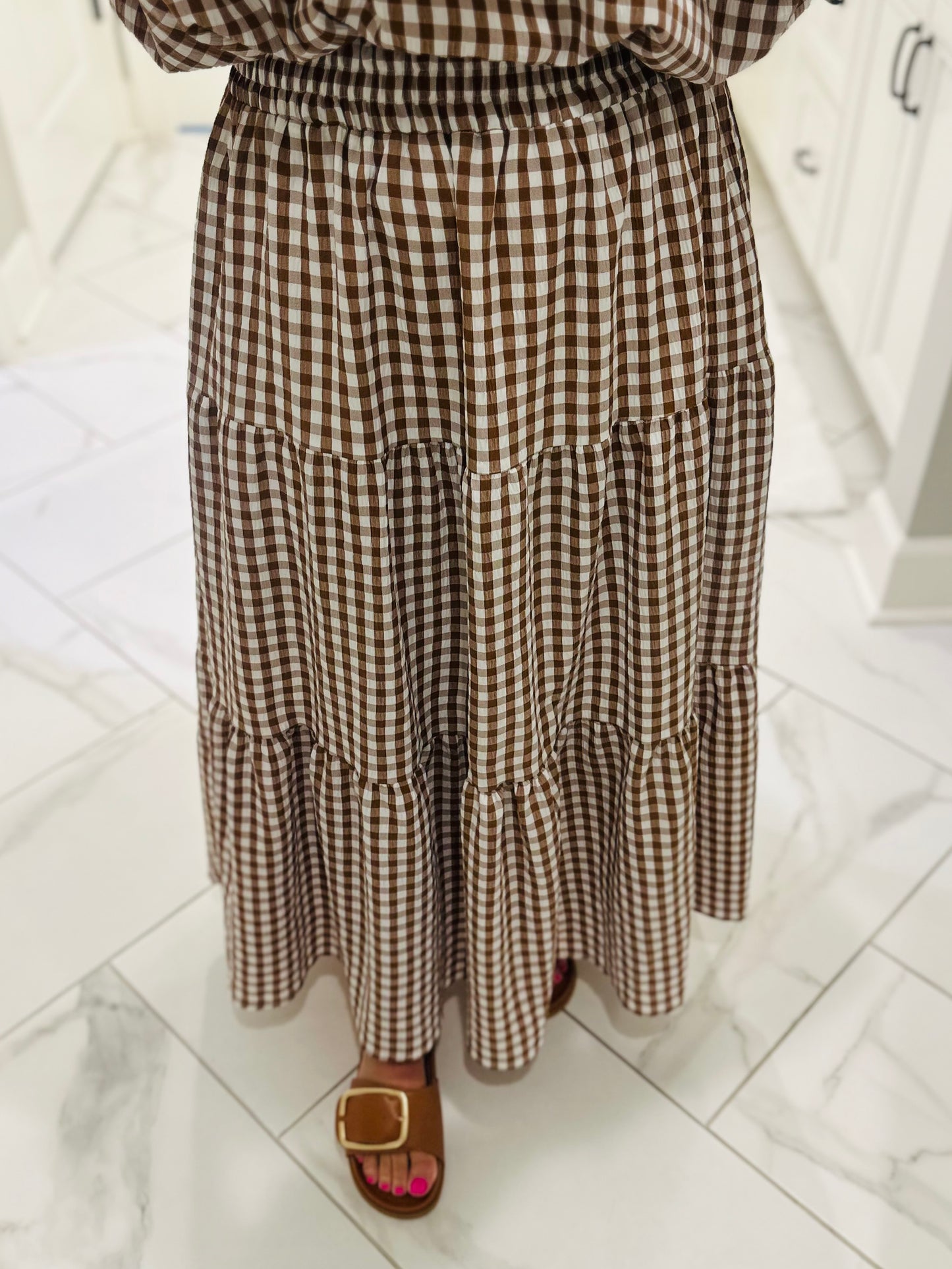 The Kinsley Brown Gingham Top + Skirt Set