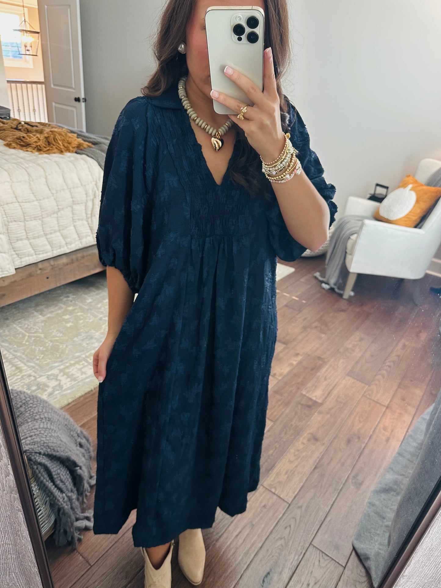 The Mina Navy Textured Midi Dress