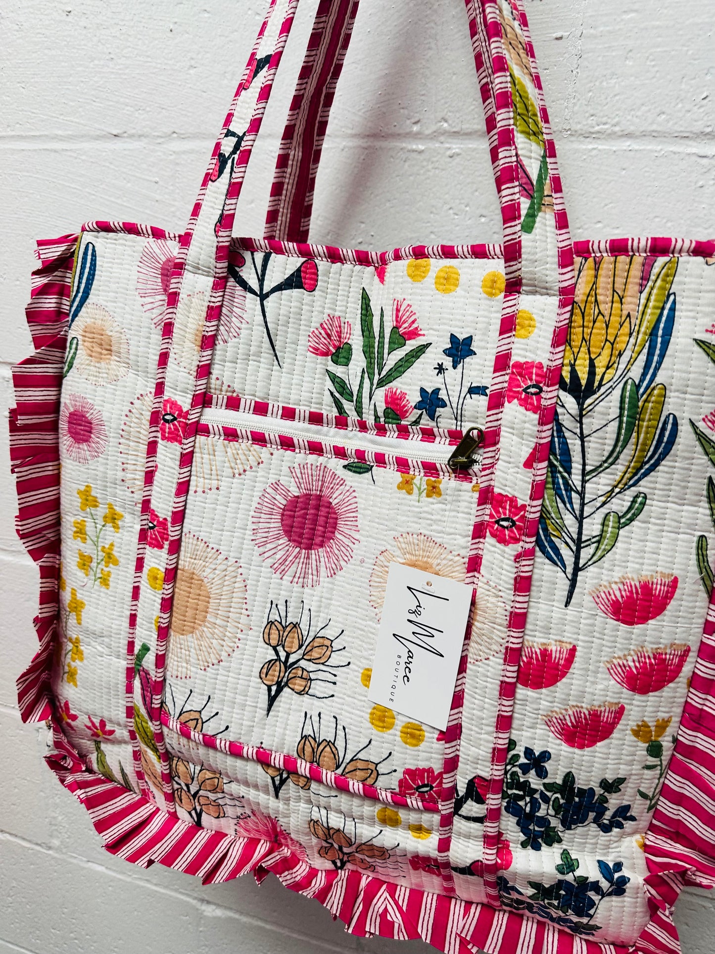 The White + Pink Floral Ruffle Quilted Tote Bag